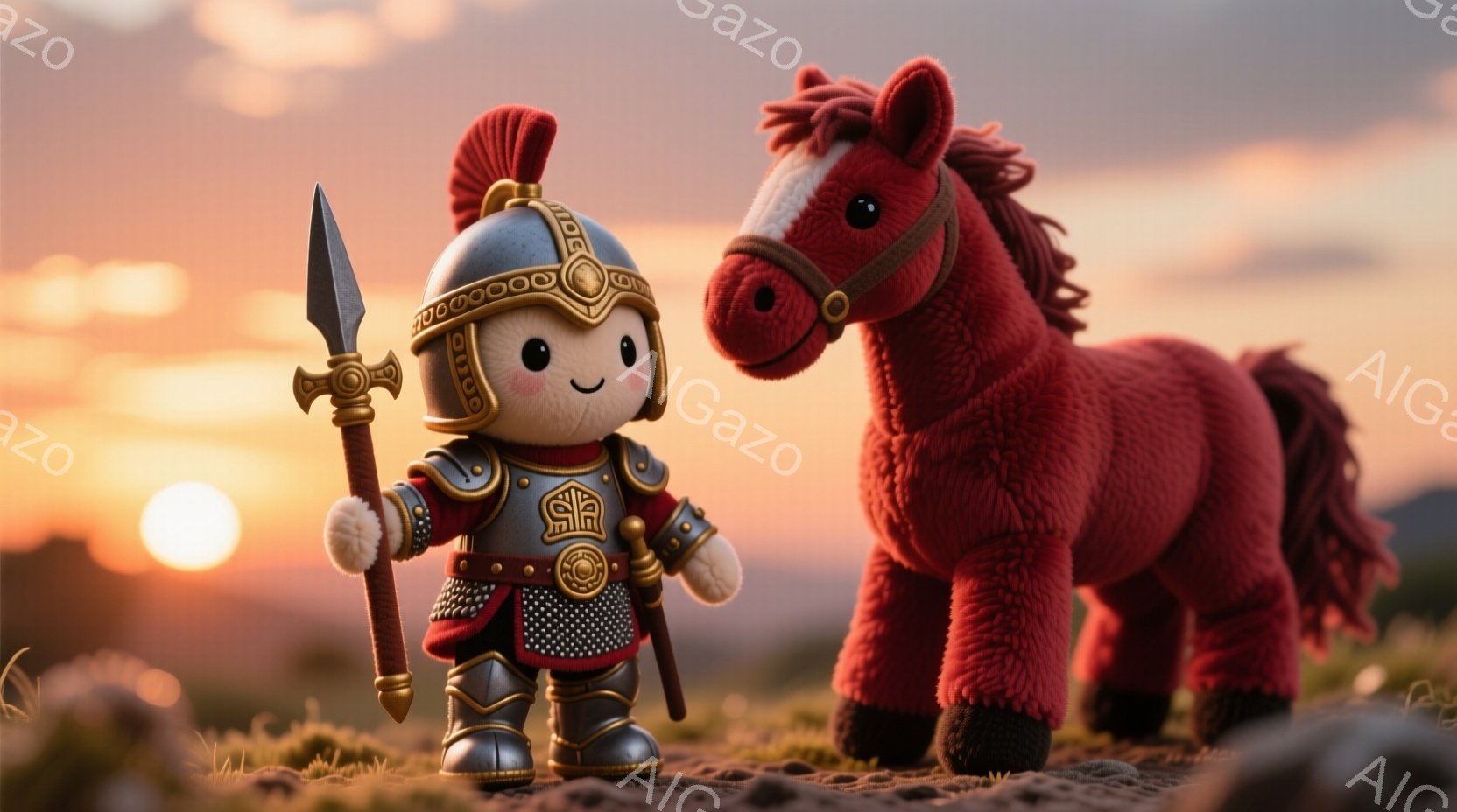小さな兵士の人形が、赤色の毛並みのテディベアの馬の隣に立っている。兵士はローマ風の鎧と兜を身につけ、手には槍を持っている。背景には夕焼けのようなオレンジ色の空が広がり、足元には緑の草が生い茂っている。 - AI生成フリー素材