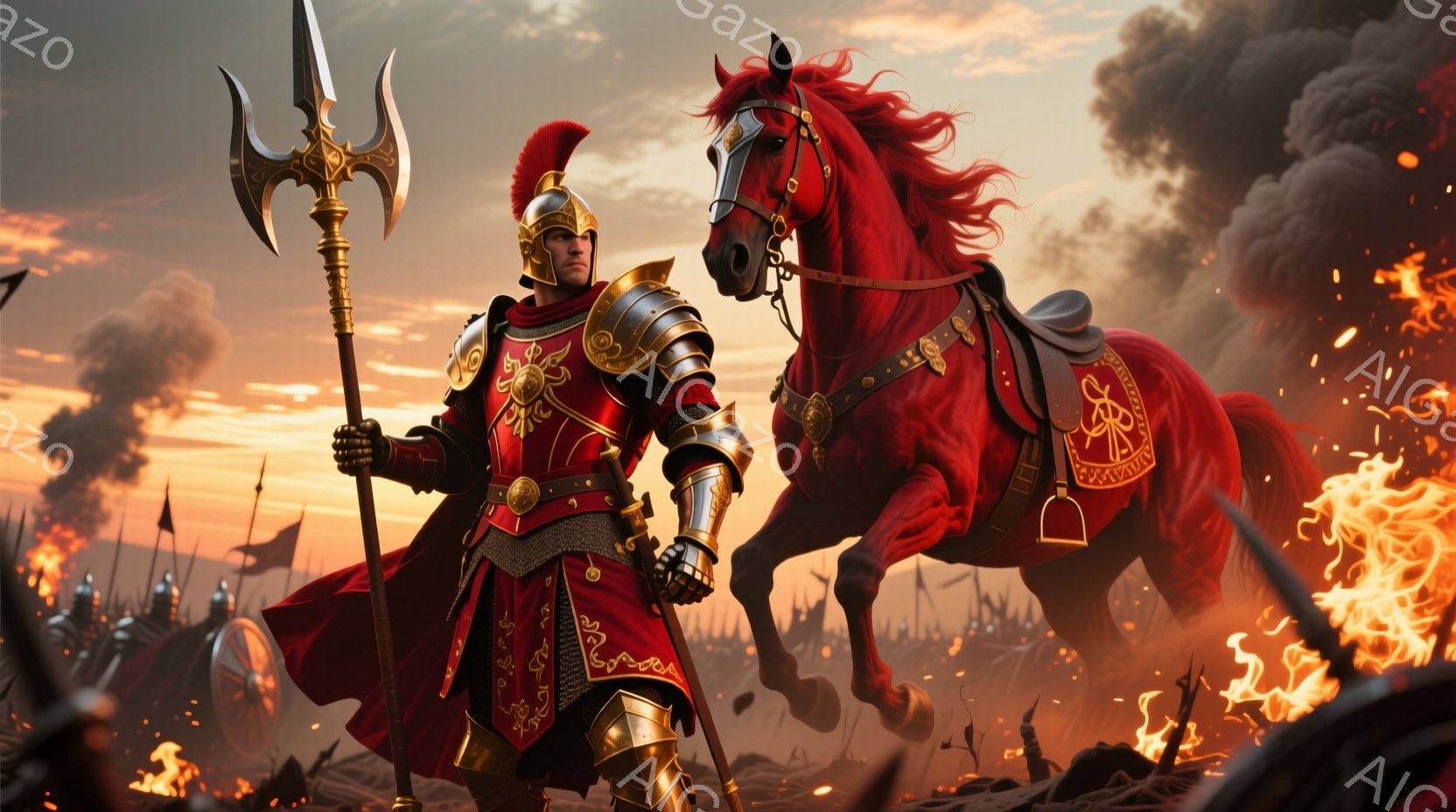 鮮やかな赤い鎧を身に着けた戦士が、黄金の三叉戟を構え、力強く立っている。背景には炎に包まれた戦場が広がり、多くの兵士と煙が渦巻いている。夕焼けのような空と激しい炎が、戦いの激しさと英雄的な雰囲気を強調 - AI生成フリー素材