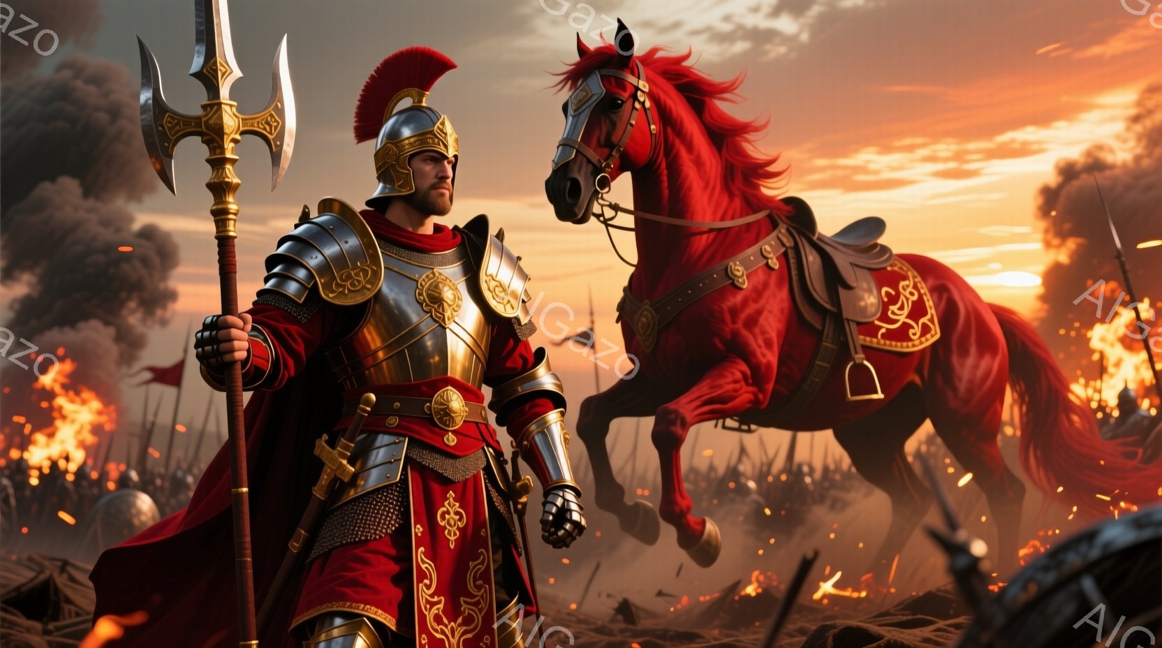赤い装甲を身に着けた男性が、槍のような武器を手に、力強く立っている。背景には戦場が広がり、燃え盛る炎と群衆が描かれている。鮮やかな赤色の馬が疾走しており、全体的に英雄的で壮大な雰囲気を醸し出している。