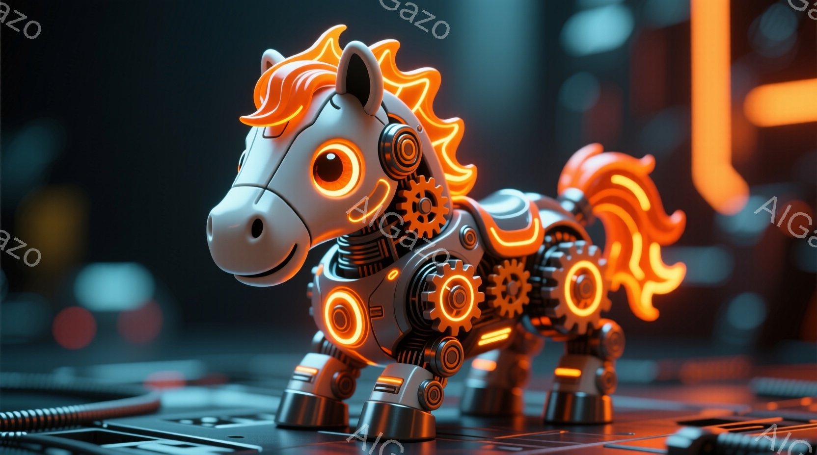 光沢のある金属製の馬のおもちゃが、複雑な歯車と発光するオレンジ色のアクセントで構成されています。馬は四つ足で立っており、未来的なメカニカルな構造が特徴的で、その体は複雑な配管や関節で構成されています。背景は暗く、暗いグレーの金属製のプラットフォームで、複雑な配線やテクノロジー要素が散りばめられており、全体的にサイバーパンク的で未来的な雰囲気を醸し出しています。