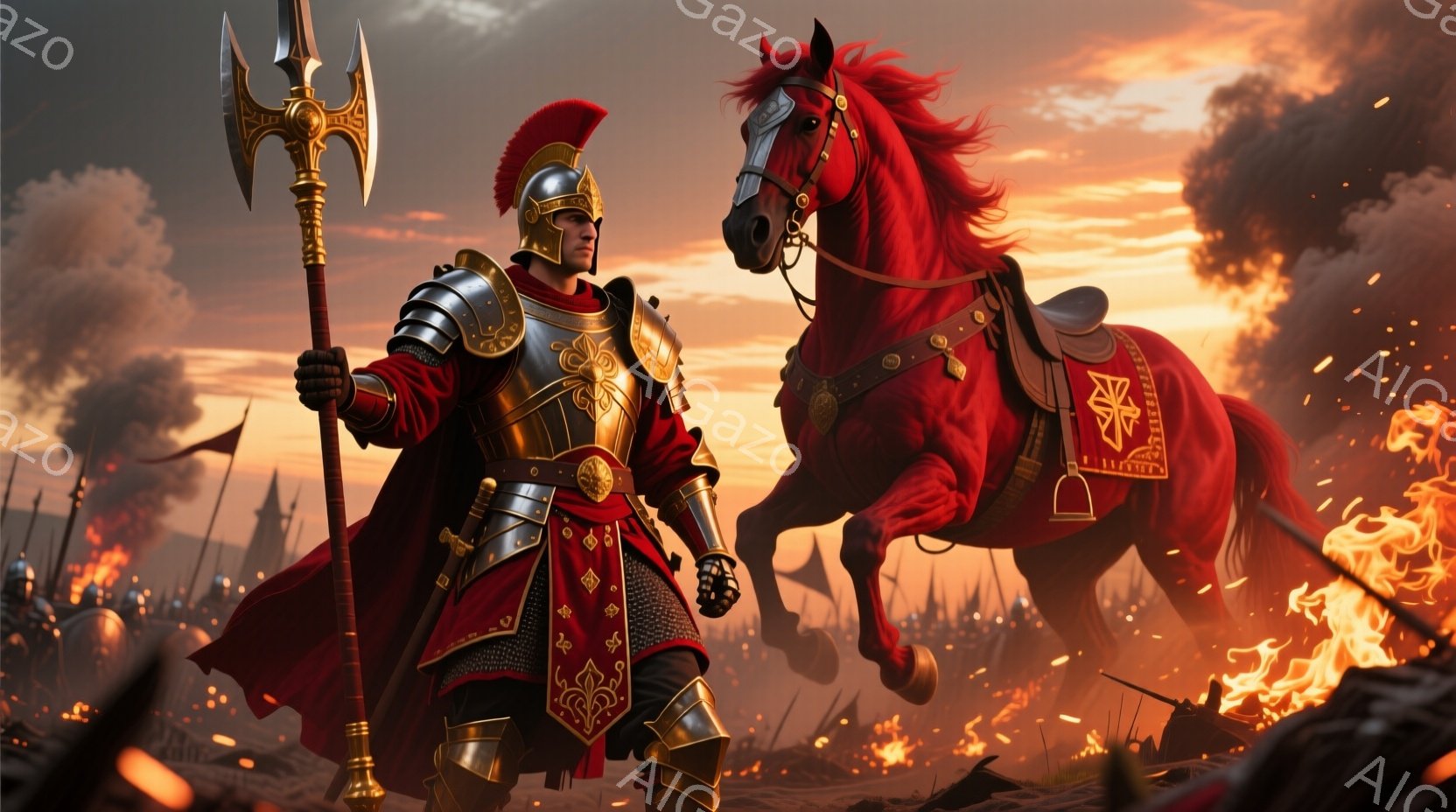 赤い外套を羽織った、金色の装飾が施された鎧を身につけた男性が、槍を構えて立っている。背景には燃え盛る戦場と煙が立ち込め、赤毛の馬が躍動的に駆けている様子が描かれている。全体的に、激しい戦闘と英雄的な雰 - AI生成フリー素材