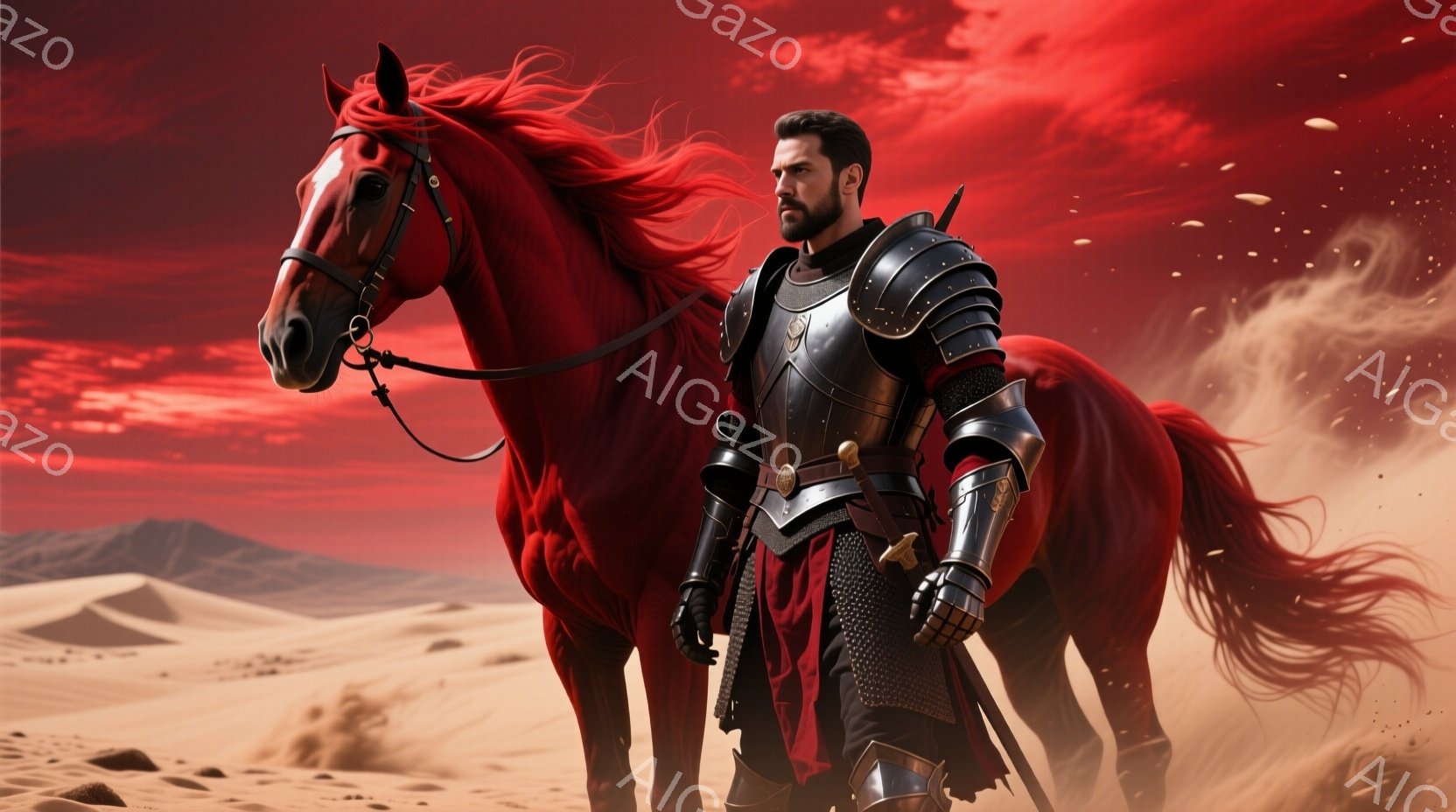 砂漠を背景に、鎧を身につけた男性と赤い馬が描かれている。男性は黒髪で髭を生やし、決然とした表情で馬の隣に立っている。背景は夕焼けのような赤い空と砂丘で、風が吹き荒れる様子が表現され、力強く壮大な雰囲気を感じさせる。