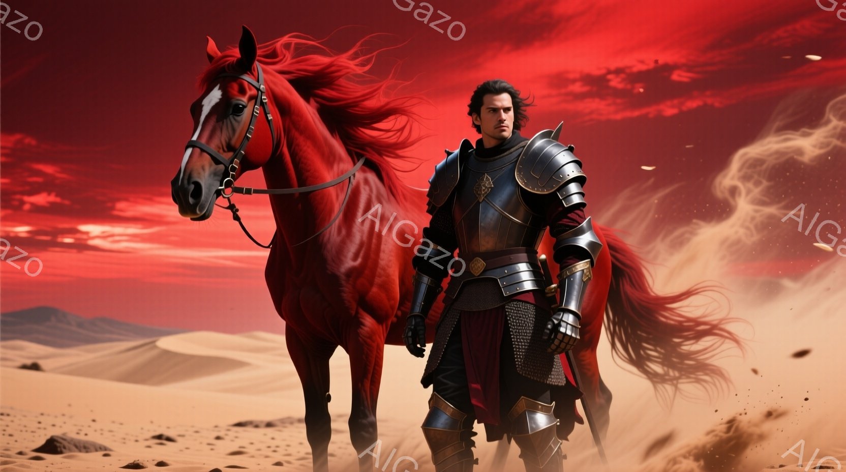 赤い砂漠を背景に、鎧を身につけた男性と赤毛の馬が描かれている。男性は黒髪で、険しい表情を浮かべ、黒と赤の鎧を着用し、片手に手綱を握っている。背景には砂丘が広がり、空は赤く染まっており、荒涼とした、力強い雰囲気を醸し出している。
