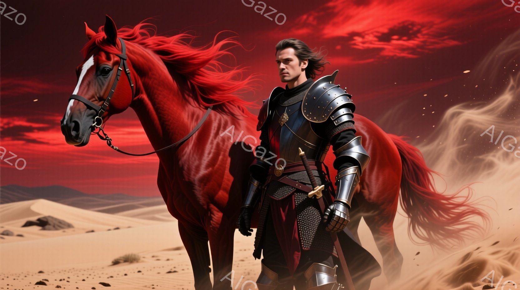 砂漠の中に立つ騎士が描かれています。彼は全身に黒と銀の鎧を身に着け、赤い下着が見えます。黒髪を後ろで束ね、厳しい表情で前を見据えています。