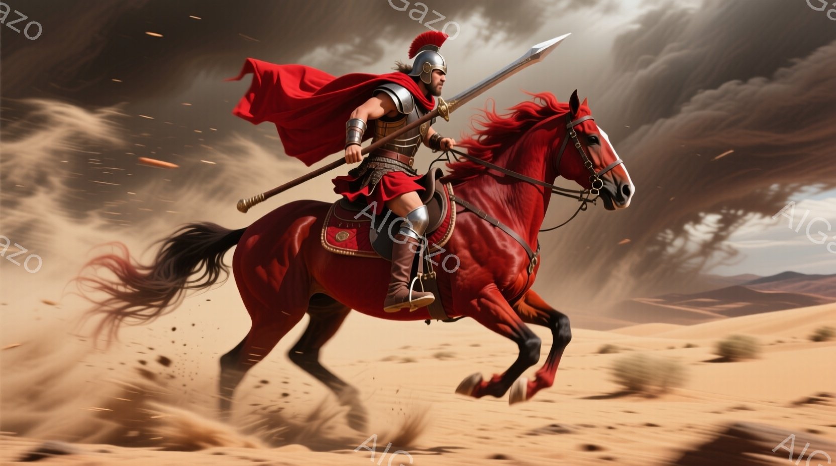 砂漠を駆ける勇敢な戦士が描かれています。赤いマントと古代ローマ風の鎧を身につけ、槍を構えた彼は、荒野を力強く駆け抜けています。背景には、砂嵐が吹き荒れる荒涼とした風景が広がり、激しい戦いの雰囲気が漂っ - AI生成フリー素材
