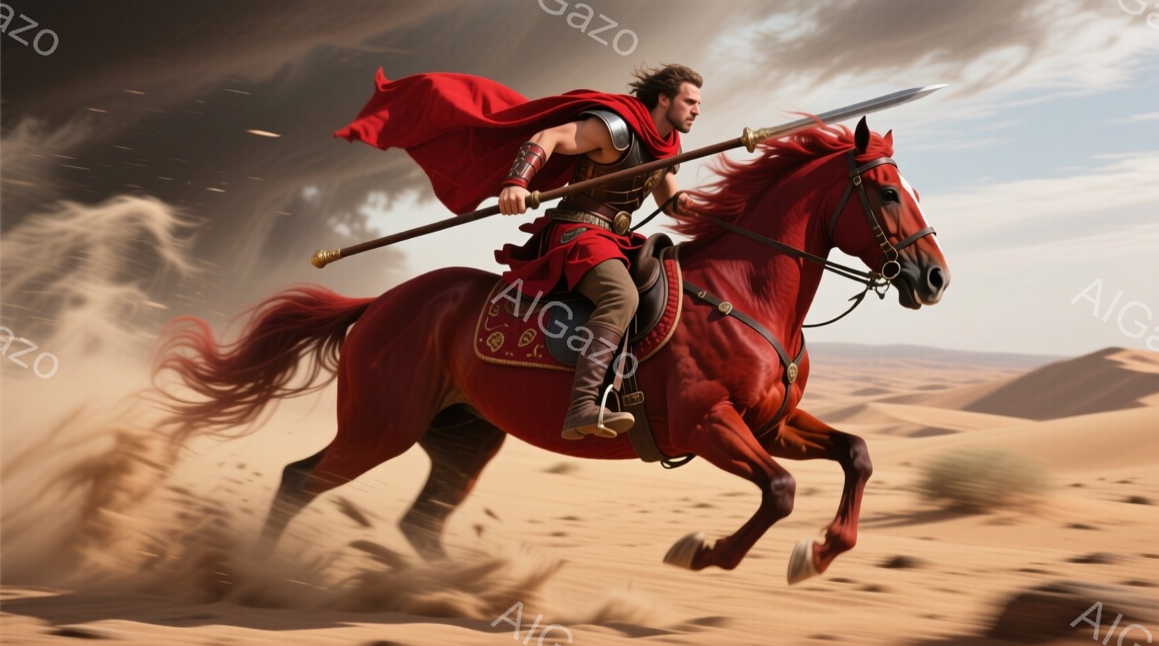 赤毛の馬に乗った男が砂漠を疾走している。彼はローマ風の鎧と赤いマントを身につけ、槍を高く掲げている。背景は砂漠の風景で、馬が走るにつれて砂埃が舞い上がり、力強く躍動感のある雰囲気を醸し出している。