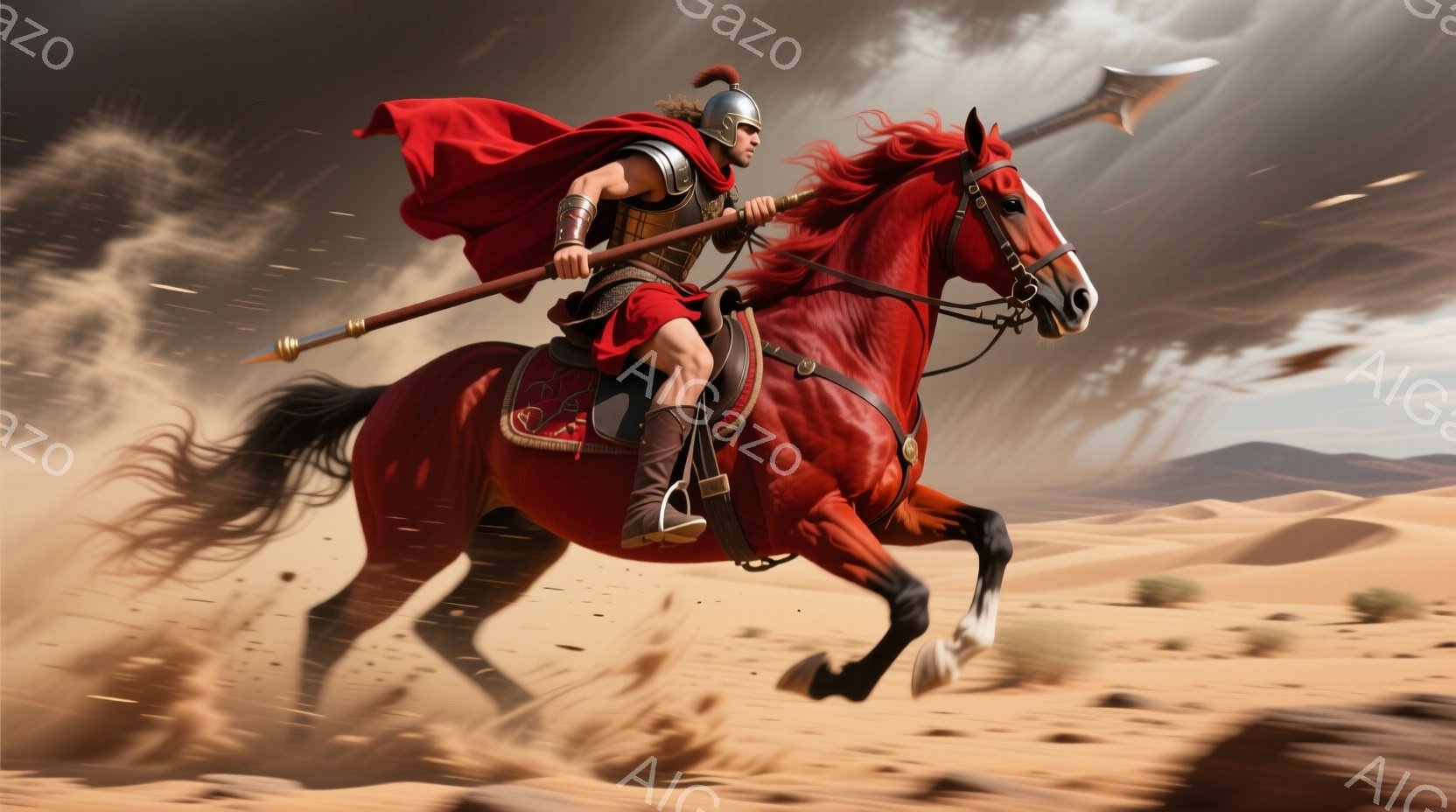 砂漠を疾走する勇敢な戦士が描かれている。赤色の衣装を身につけ、ヘルメットを被った戦士は、槍を構え、白と黒の馬にまたがっている。背景は砂漠の荒野で、激しい風が砂を巻き上げ、まるで戦の始まりを告げるかのような緊迫した雰囲気が漂っている。