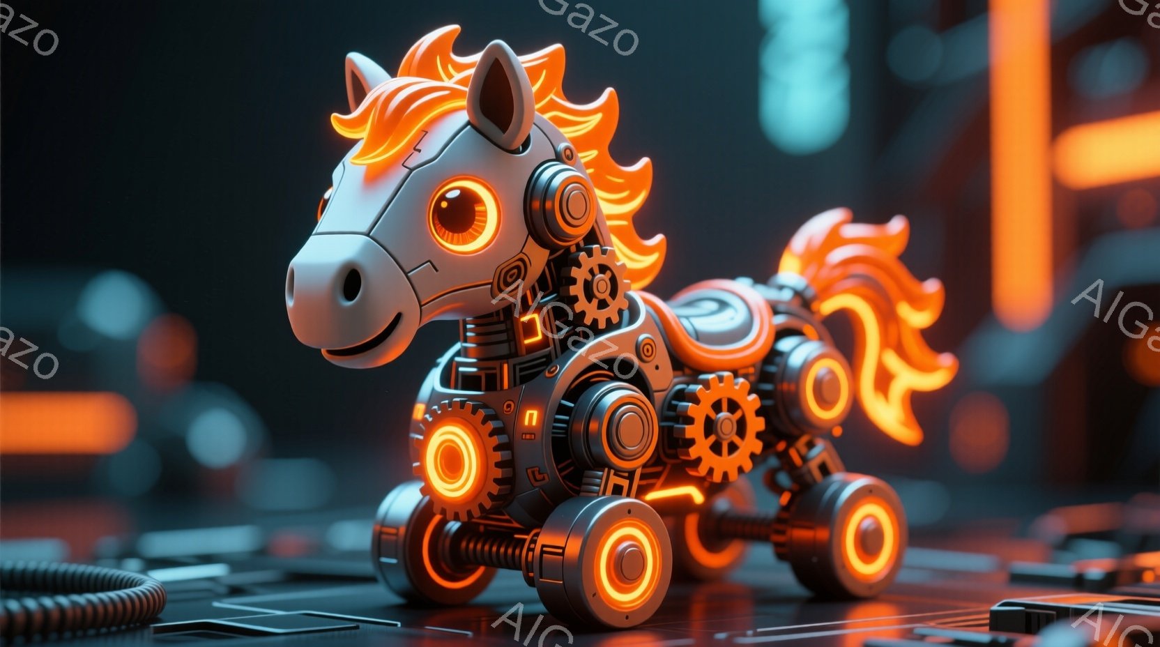 機械的な構造を持つユニークな馬のオブジェを捉えています。馬の体は金属製のパーツや歯車で構成され、明るいオレンジ色の発光が特徴です。背景は、複雑な回路基板を模したパターンで、未来的なテクノロジーと馬の融合を表現しています。
