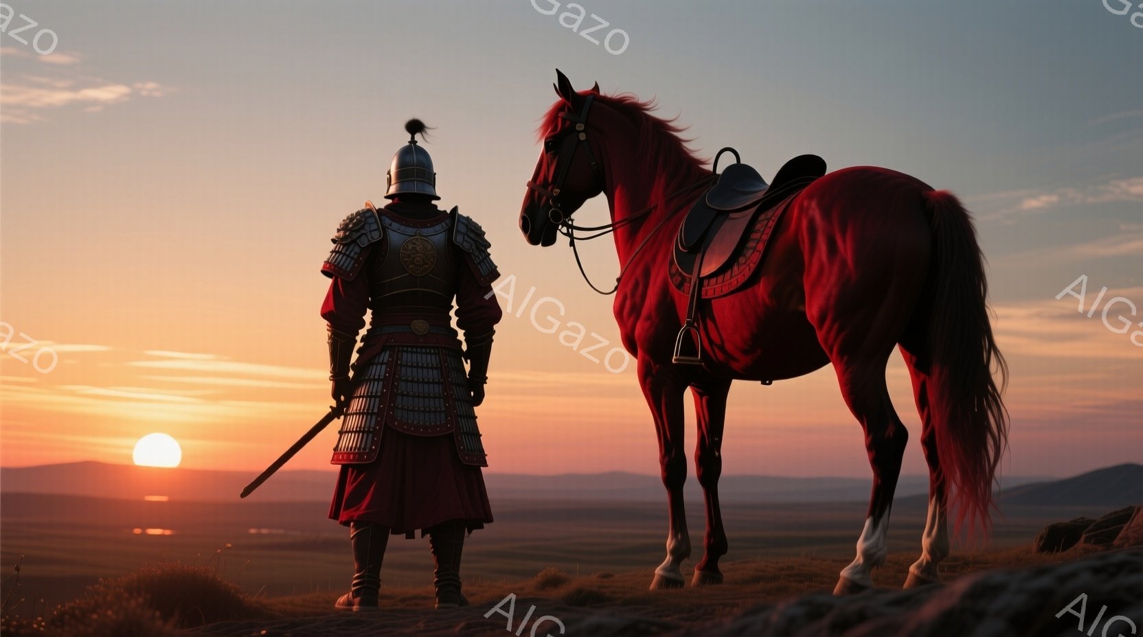 赤い衣装を身にまとった武者が、夕焼けを背に草原に立っている。彼は全身に鎧を着用し、頭には特徴的な兜を被っている。その姿は凛々しく、背中に下げた刀が彼の武勇を表している。