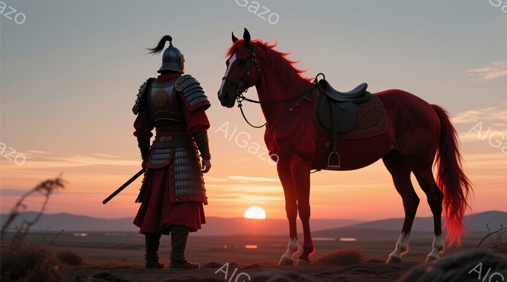 深紅色の甲冑を身に着けた兵士が、背を向けて夕焼けを眺めている。兵士は黒い髪を後ろで束ね、凛とした姿勢で剣を携えている。背景には広大な草原が広がり、地平線に沈みゆく太陽が空を燃えるような赤色に染め上げ、力強くも寂しげな雰囲気を醸し出している。