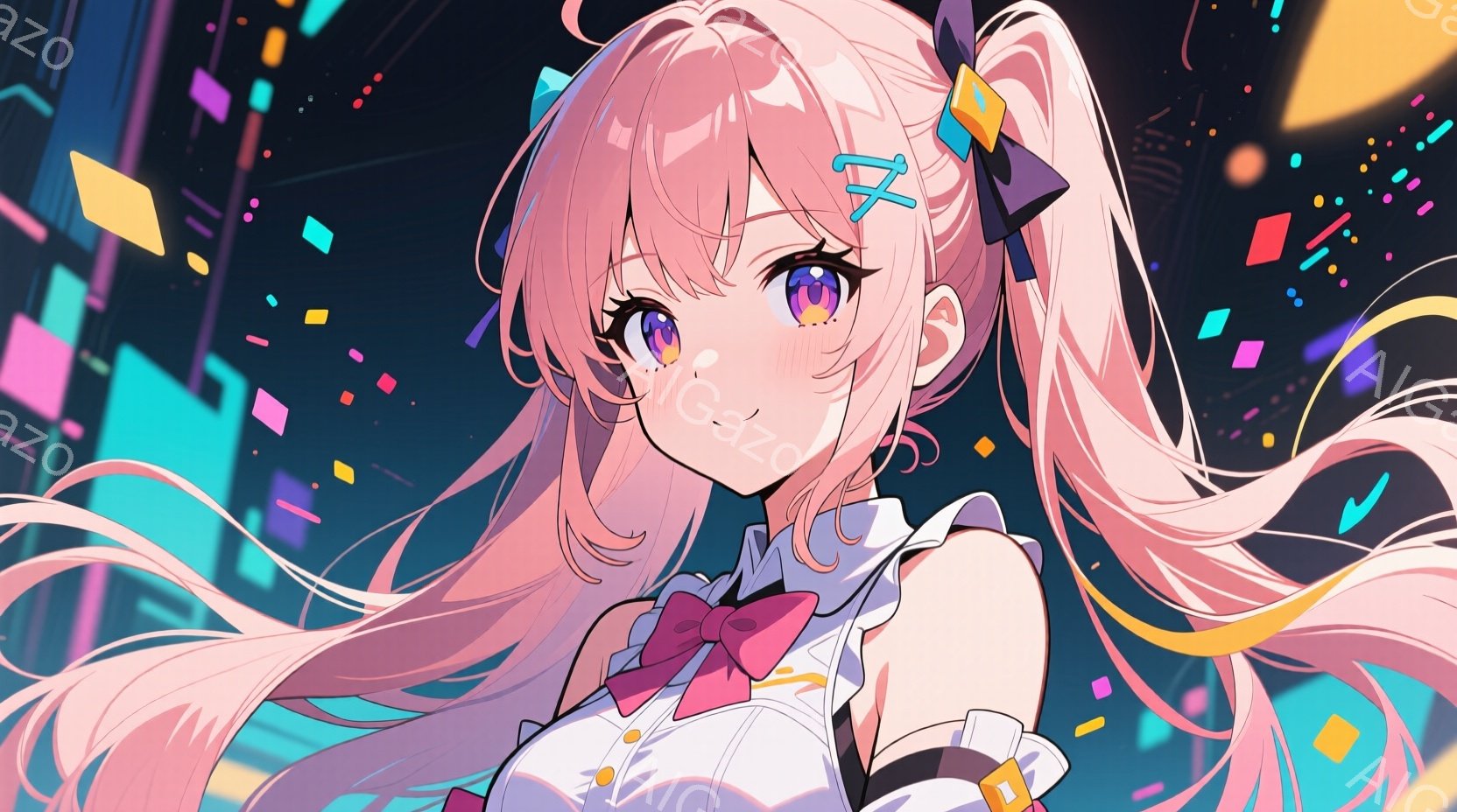 明るいピンク色の長い髪に大きなリボンをつけた少女が描かれています。白いシャツにピンクのリボンと黒いアクセントの入った衣装を着ており、少し頬を赤らめて微笑んでいます。背景は黒を基調とし、カラフルな四角形が散りばめられており、未来的な雰囲気です。