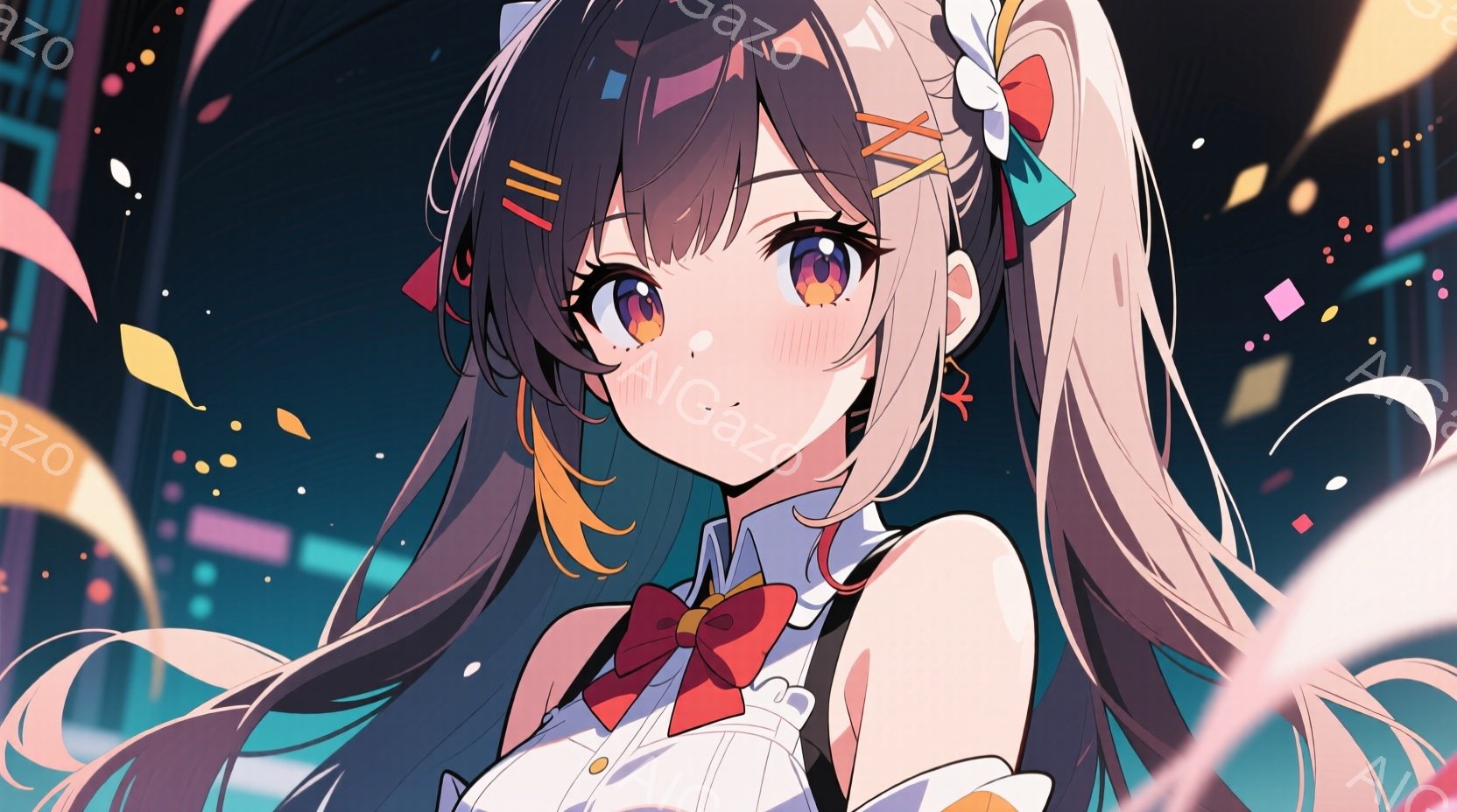 長い黒髪にオレンジ色のメッシュが入った少女が描かれており、髪には赤いリボンと白い花飾りをつけている。白いシャツに赤いリボンタイ、そして肩から黒いストラップのついた服装で、頬はほんのり赤らんでいる。背景はネオンカラーの光が飛び交う抽象的な空間で、キラキラとしたパーティのような雰囲気を醸し出している。