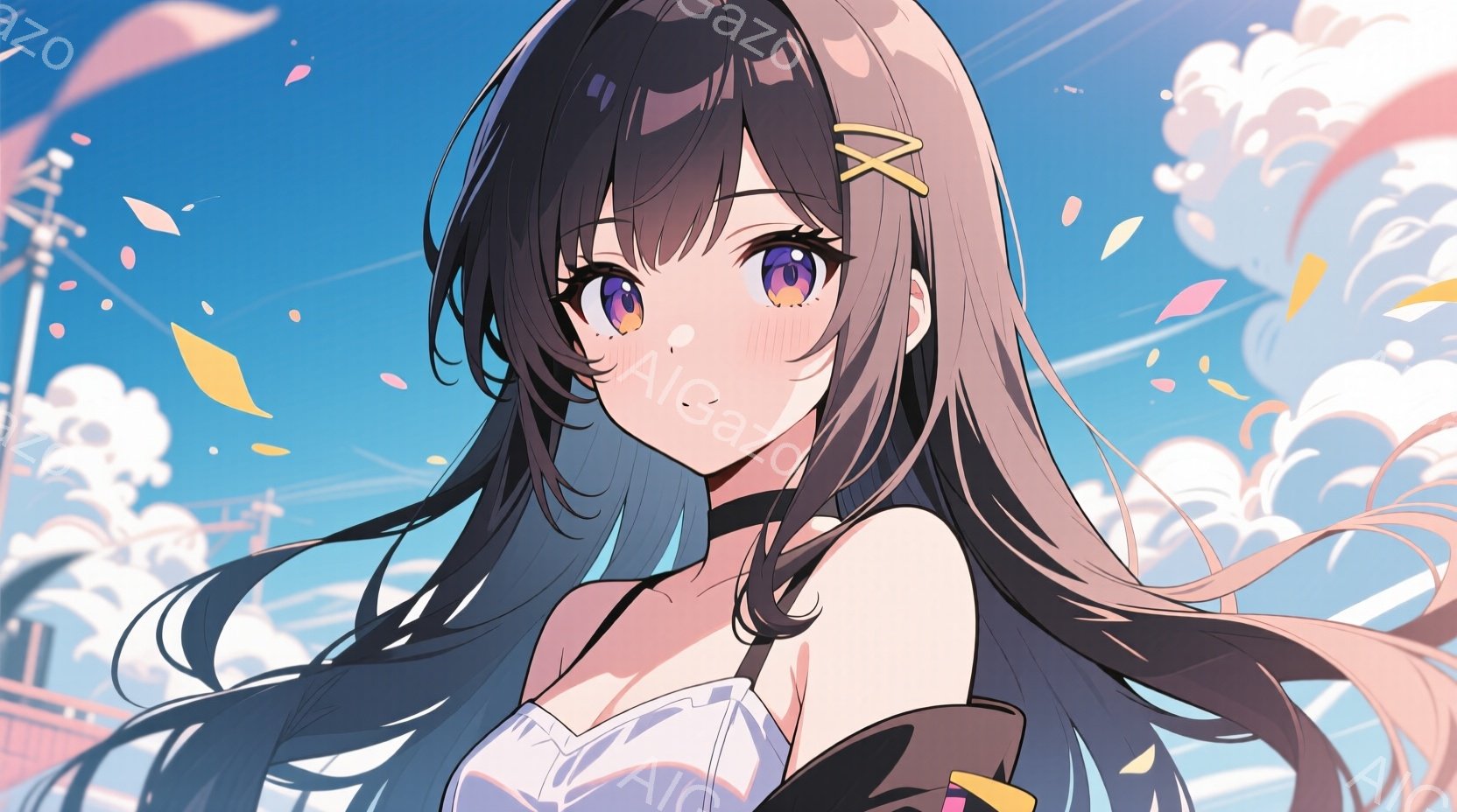 長い黒髪に、前髪は少しカールしている少女が描かれている。彼女はオフホワイトのトップスと黒いアクセサリーを身に着け、優しい微笑みを浮かべている。背景には青空と白い雲、そして遠くに建物が見え、風が吹いてい - AI生成フリー素材