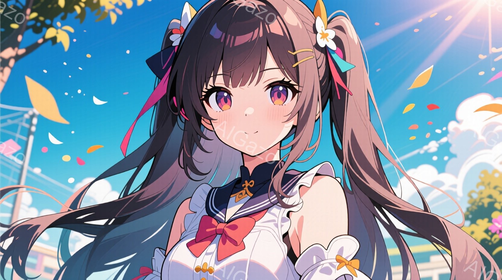 長い黒髪の少女が描かれており、髪には花飾りとリボンが付いています。彼女は白いセーラー服を着ており、表情は少し照れたような笑顔です。背景は青空と白い雲、そして緑の木々で、花びらが舞い散る暖かい春の日のよ - AI生成フリー素材