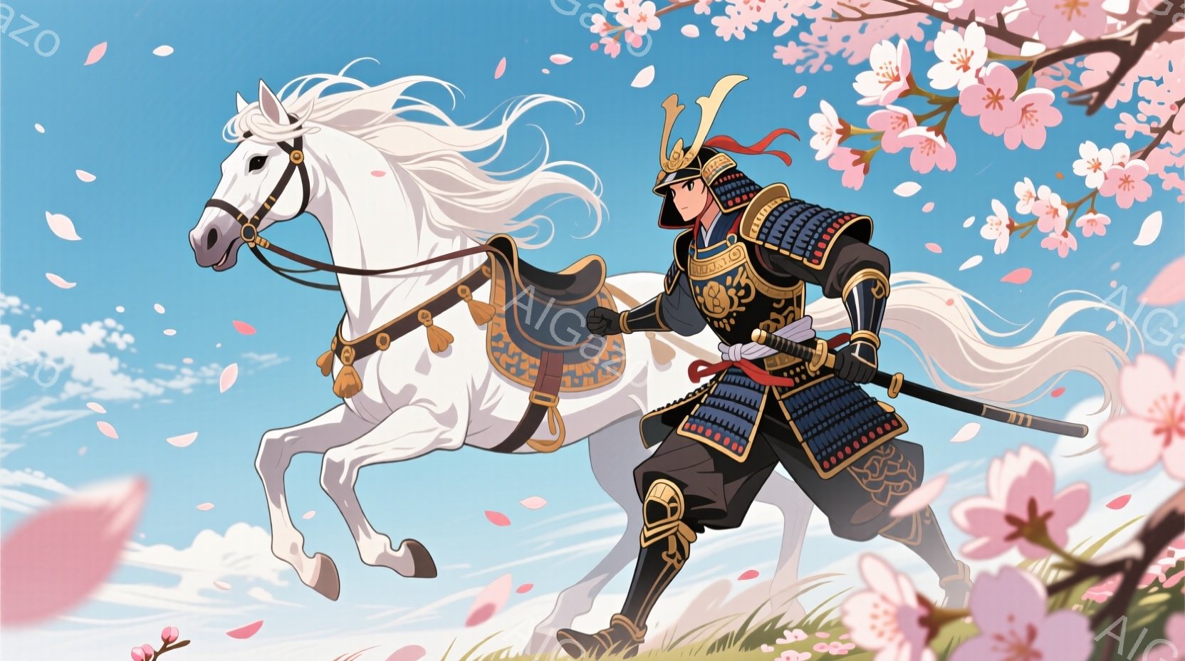 鮮やかな青空の下、武士が白馬に乗って疾走している姿が描かれている。武士は黒と金色の鎧を身に着け、兜には角飾りをつけている。背景には桜の花びらが舞い散り、春の穏やかな雰囲気と武士の勇猛さを対比させている。