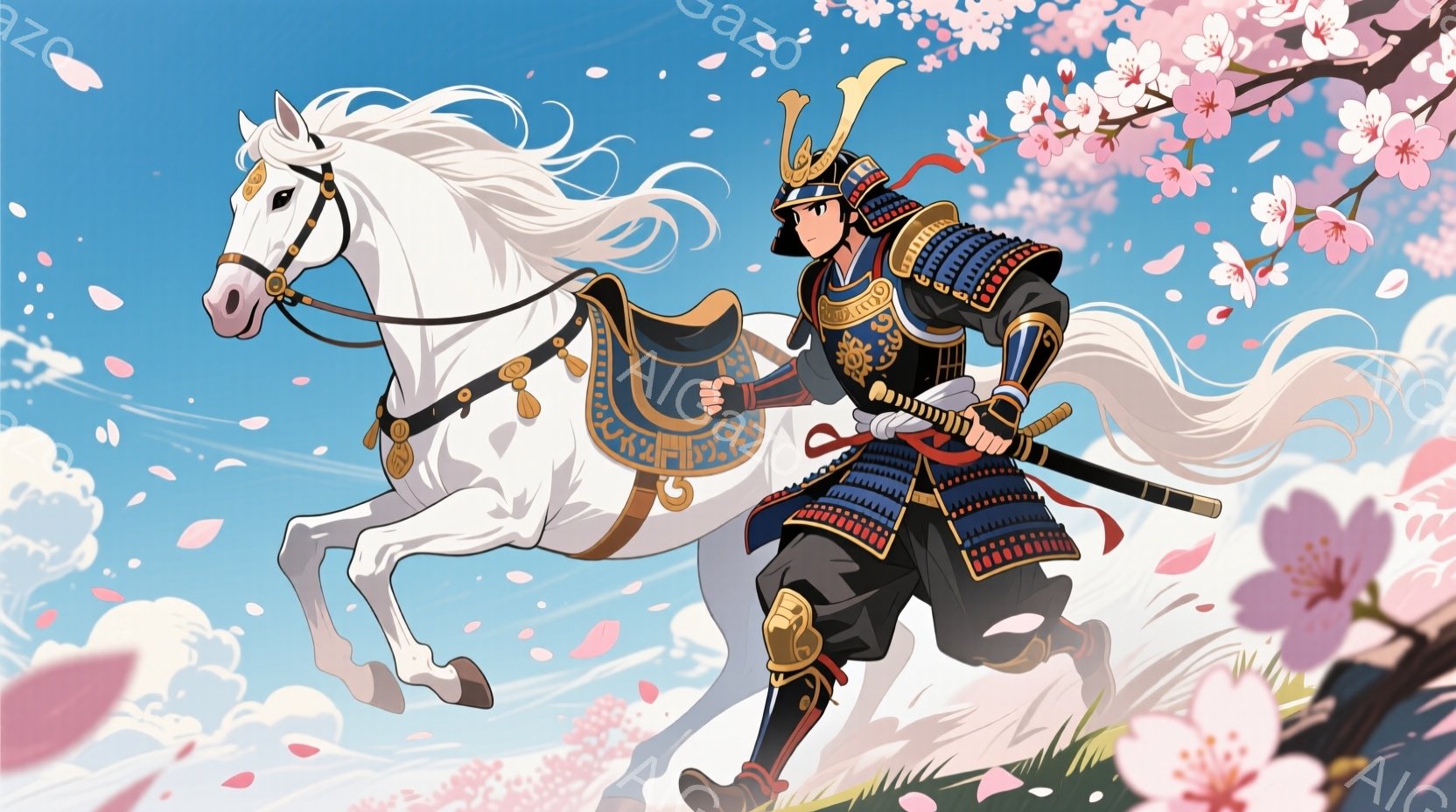 武者は、日本の伝統的な鎧を身につけ、白馬に乗って疾走している。 兜は金色の装飾が施され、鎧は濃い青色と黒色の組み合わせで、動きやすさを考慮したデザインになっている。 背景には桜の花びらが舞い散り、青空が広がり、春の暖かな雰囲気を感じさせる。