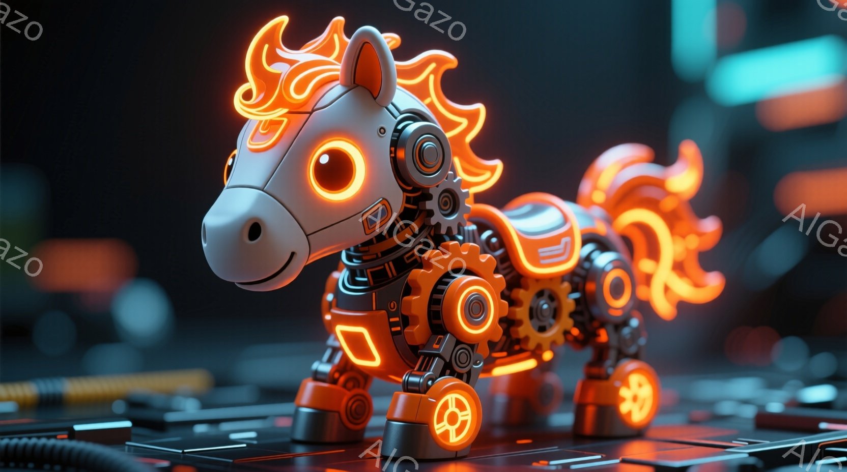 白い背景に、オレンジ色の光を放つ機械的な馬が描かれています。馬の体は歯車や配管で構成されており、未来的な印象を与えます。背景には、ぼやけた電子機器やケーブルが見え、サイバーパンク風の雰囲気を醸し出して - AI生成フリー素材