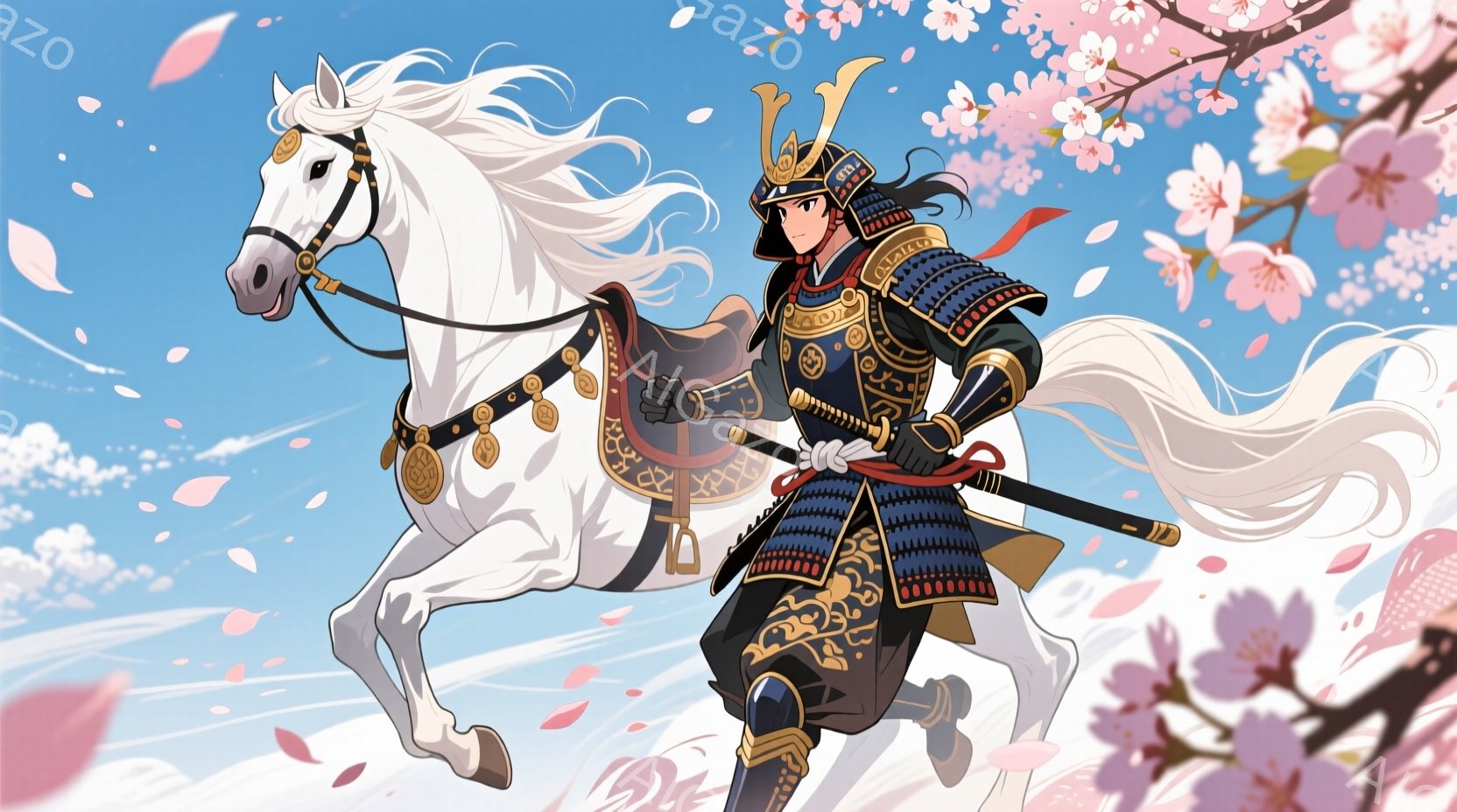 鎧を身につけた武者が、白馬に乗って疾走している。武者は黒色の兜と鎧を着用し、赤色の紐が特徴的で、長い黒髪は後ろで結ばれている。背景には桜の花びらが舞い、青空が広がり、全体的に力強く美しい雰囲気を醸し出している。