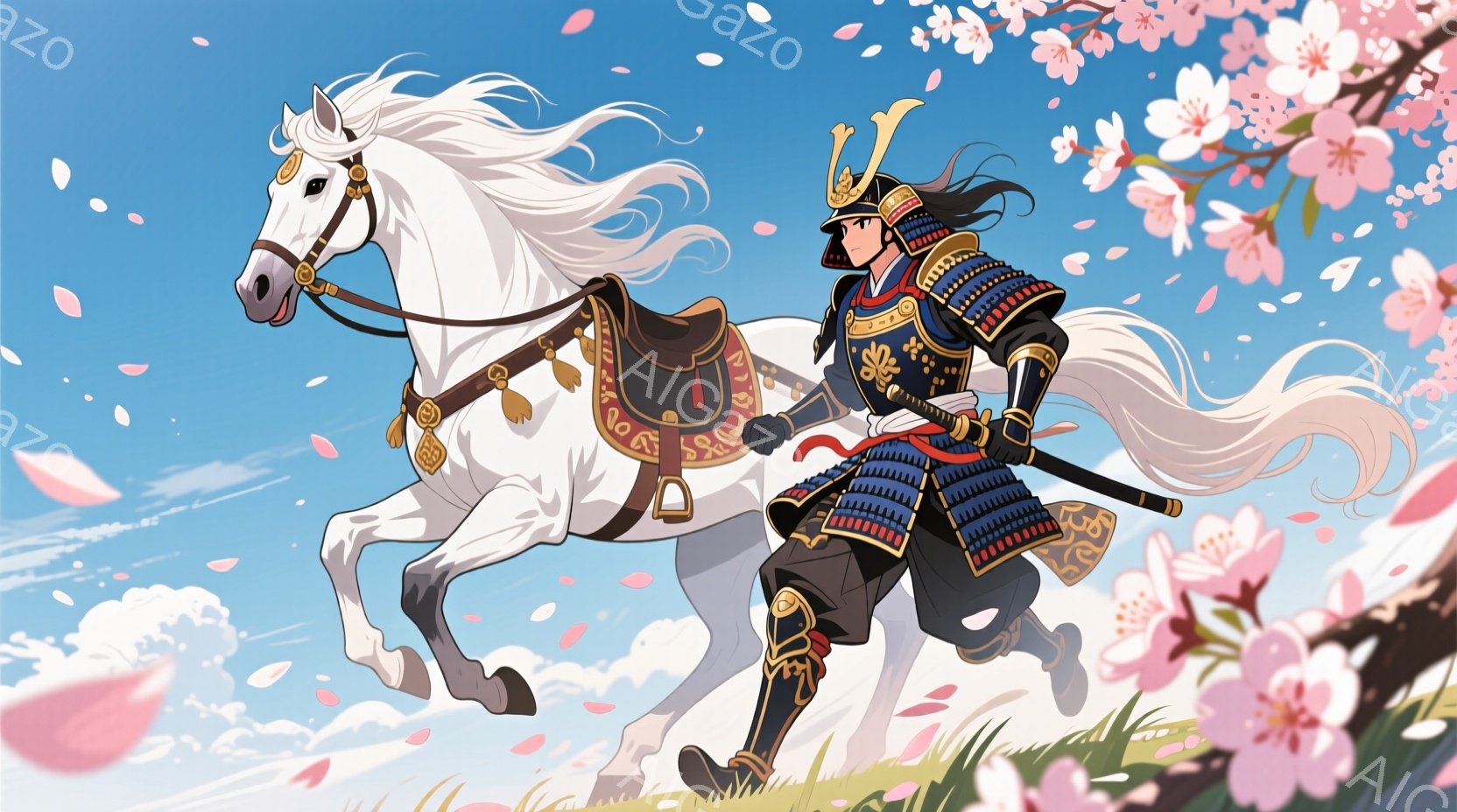 白い馬に乗った武者が描かれている。青い鎧を身につけ、兜を被り、顔は決意に満ちている。背景には桜の花びらが舞い、青空と緑の草原が広がり、春の訪れを感じさせる爽やかな雰囲気である。