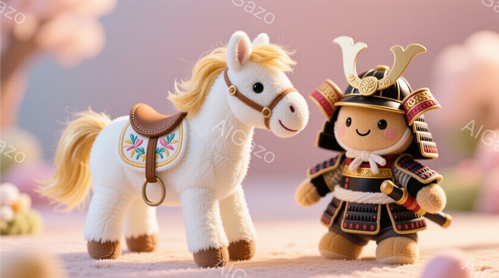白い毛並みの馬と、甲冑（かっちゅう）を着た可愛らしい武士の人形が並んでいます。武士の人形は、金色の角兜（かぶと）を被り、赤い紐で結ばれた鎧（よろい）を着て、笑顔を見せています。背景は淡いピンク色で、春らしい柔らかな雰囲気が漂っています。