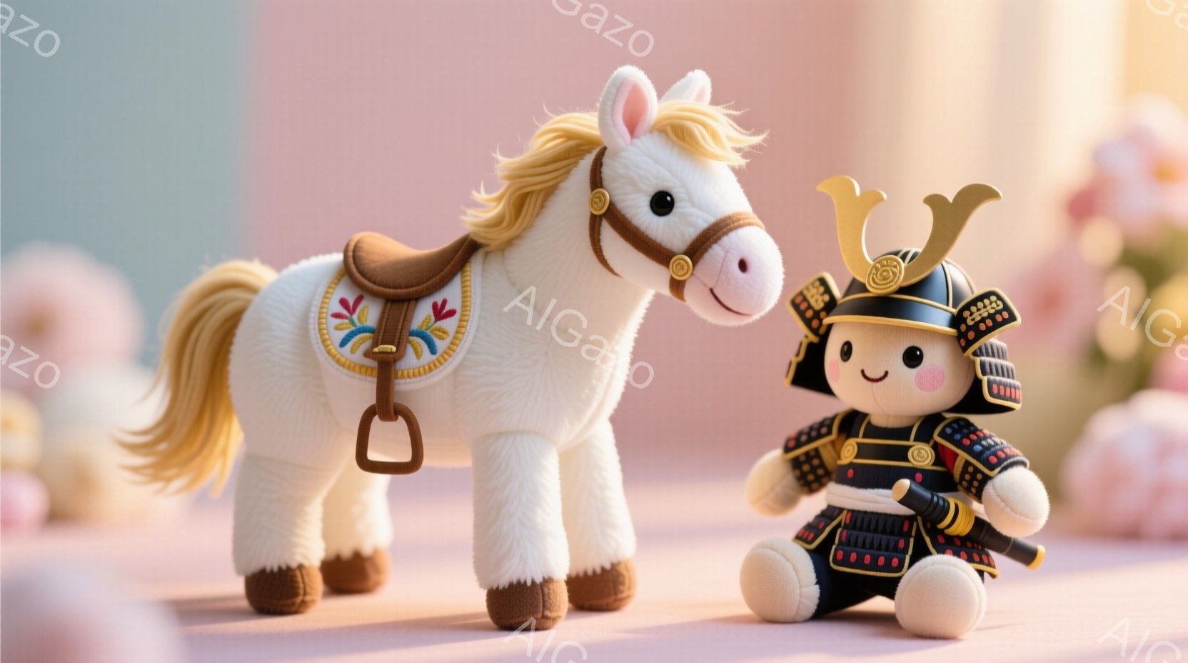 白い馬のおもちゃと武者人形が並んでいます。馬は金色のたてがみと尻尾を持ち、鞍を背負っています。武者人形は黒い鎧と兜を身につけ、凛々しい表情で小さく座っています。