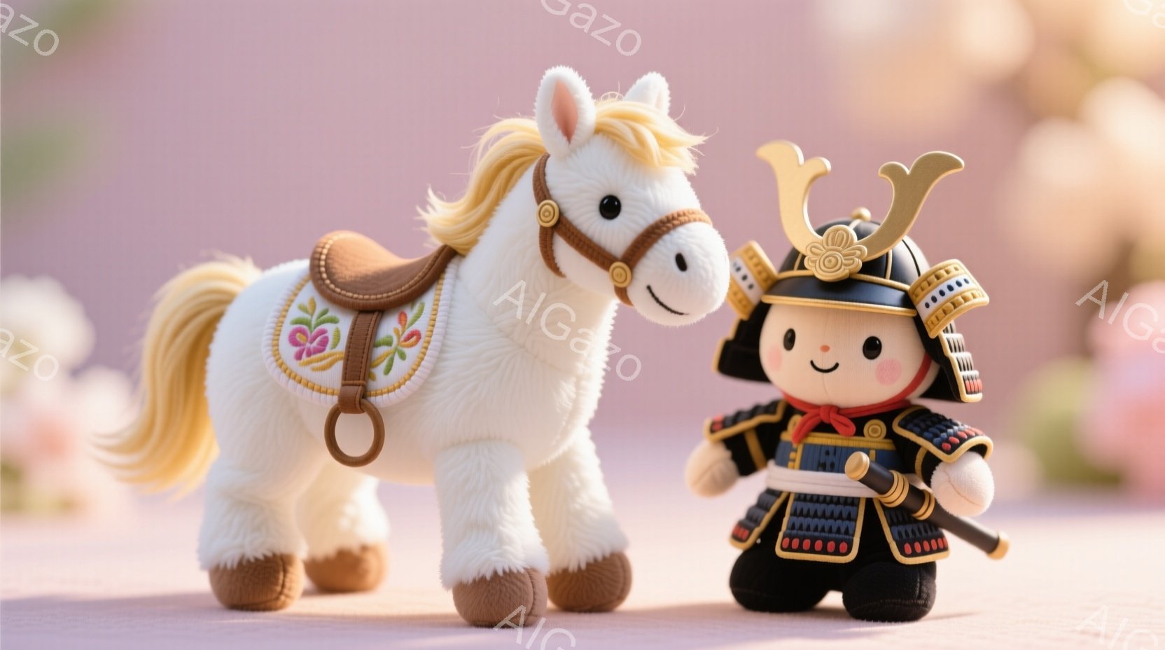 白いぬいぐるみ馬と武者人形が並んで立っています。馬は金色のたてがみと茶色の足を持ち、華やかな模様の鞍を背負っています。武者人形は金色の兜と赤い鎧を身につけ、小さな刀を携え、凛々しい表情をしています。