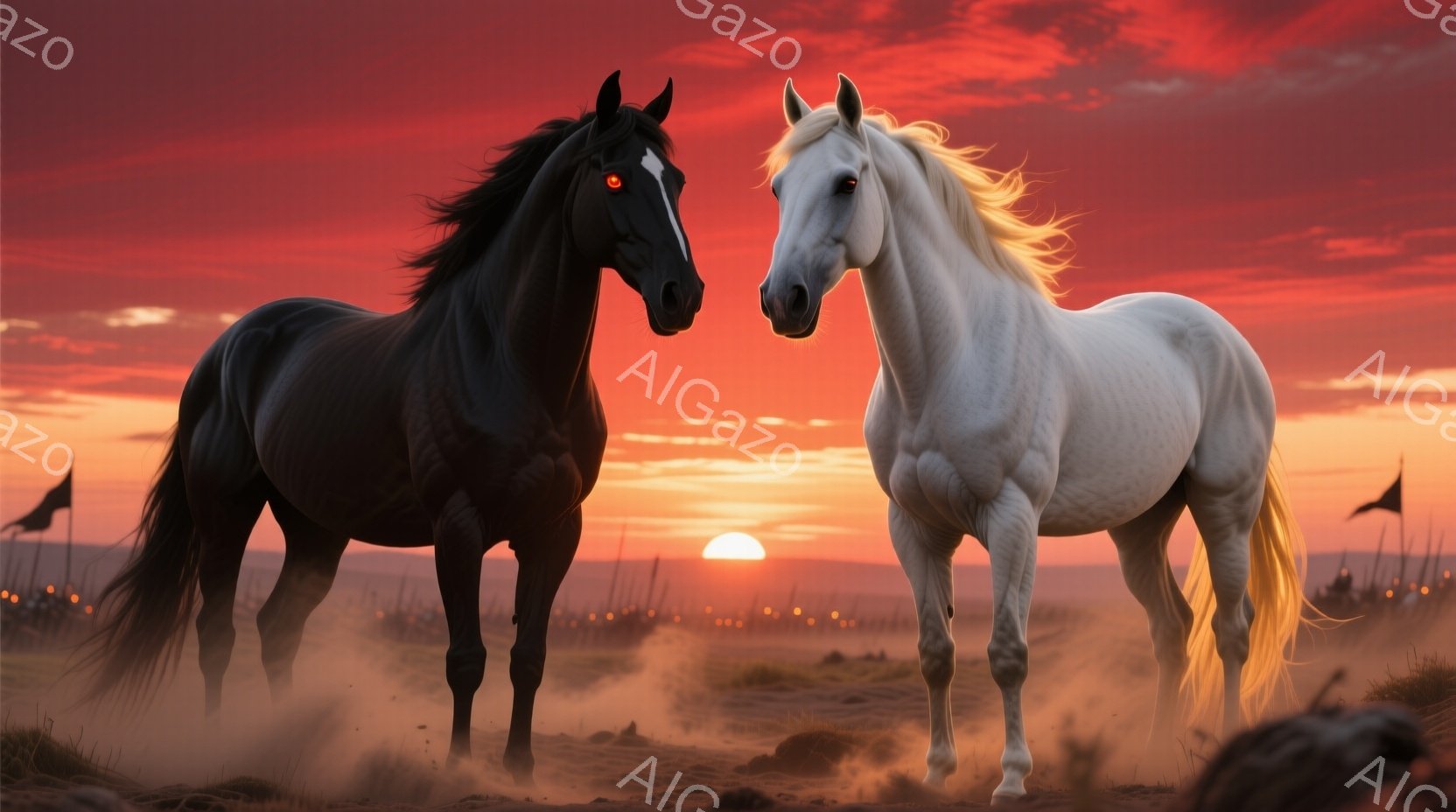 漆黒の馬と純白の馬が、夕焼けに染まる砂漠地帯で対峙している。両馬は前足を上げて歩を進め、力強い眼差しで互いを見つめ、その周囲には砂埃が舞い上がっている。背景には沈みゆく太陽と、遠くに見える旗のようなも - AI生成フリー素材
