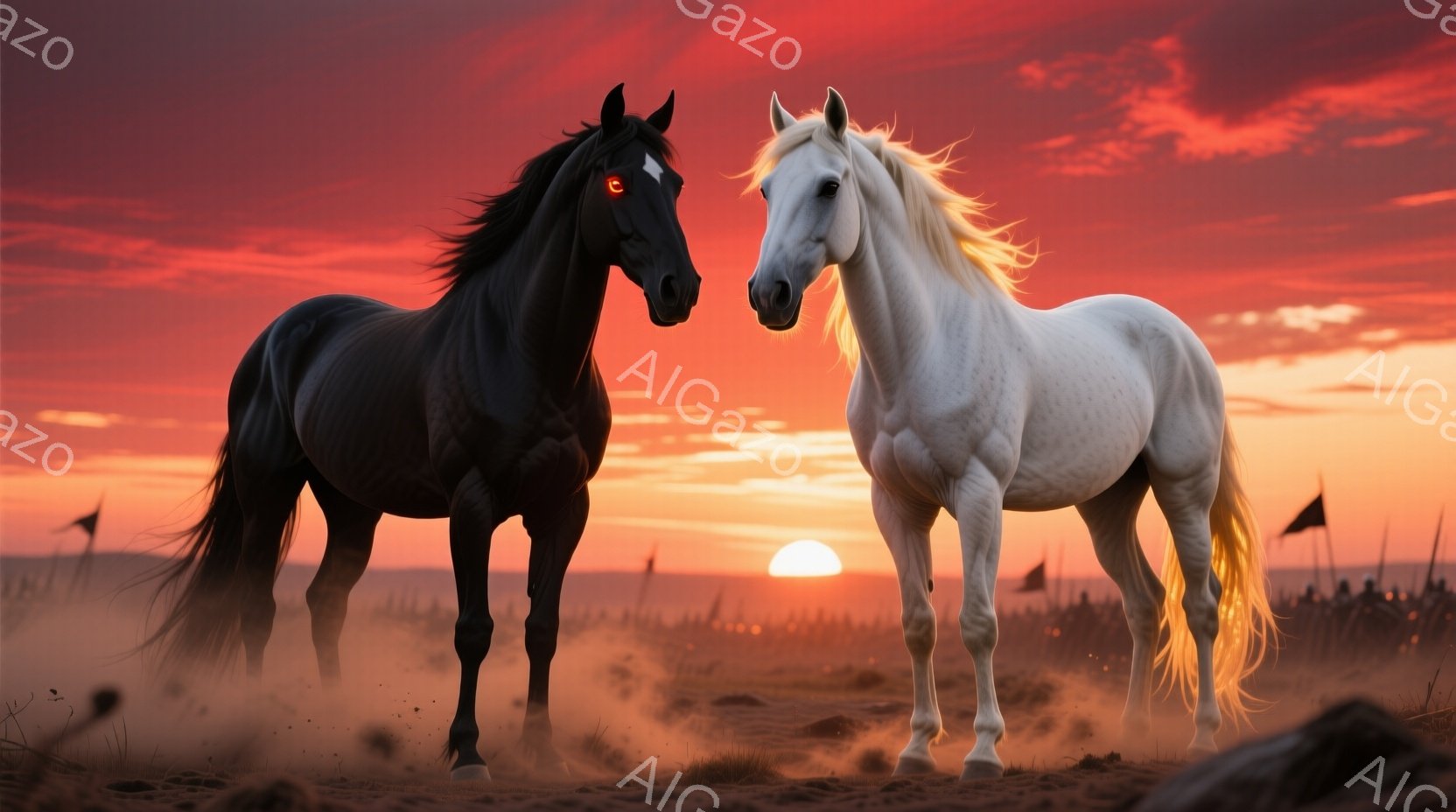 漆黒の馬と純白の馬が、夕焼けに染まる砂漠の平原で対峙している。二頭の馬は共に前足をわずかに上げ、互いを凝視しており、緊迫感と力強い雰囲気がある。背景には遠くに見える軍隊と、燃えるような夕焼け空が広がり、壮大なスケールを感じさせる。