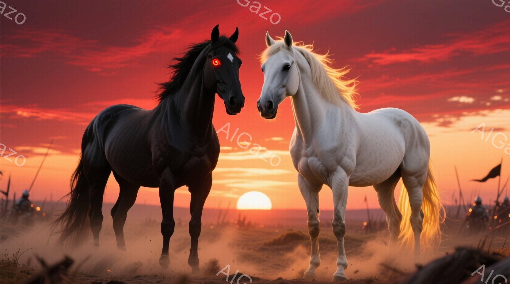 黒い馬と白い馬が砂漠の中で互いに向き合っている。夕焼け空の下、馬たちは強い意志を持って立ち、周囲にはぼやけた兵士のシルエットが見える。赤い空と舞い上がる砂塵が、緊迫感とドラマチックな雰囲気を醸し出している。