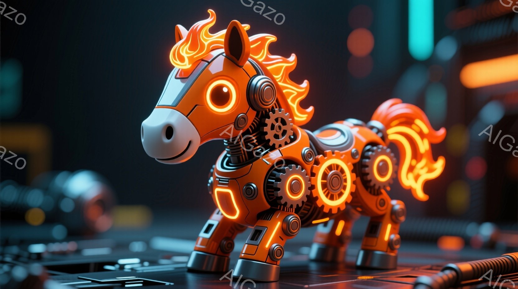 金属製の骨格と光るオレンジ色のラインで構成された未来的な馬が描かれています。馬の体は複雑な歯車や機械部品で構成され、頭部には発光する目と炎のような毛並みが特徴的です。背景は暗く、機械的な構造物と光のラ - AI生成フリー素材