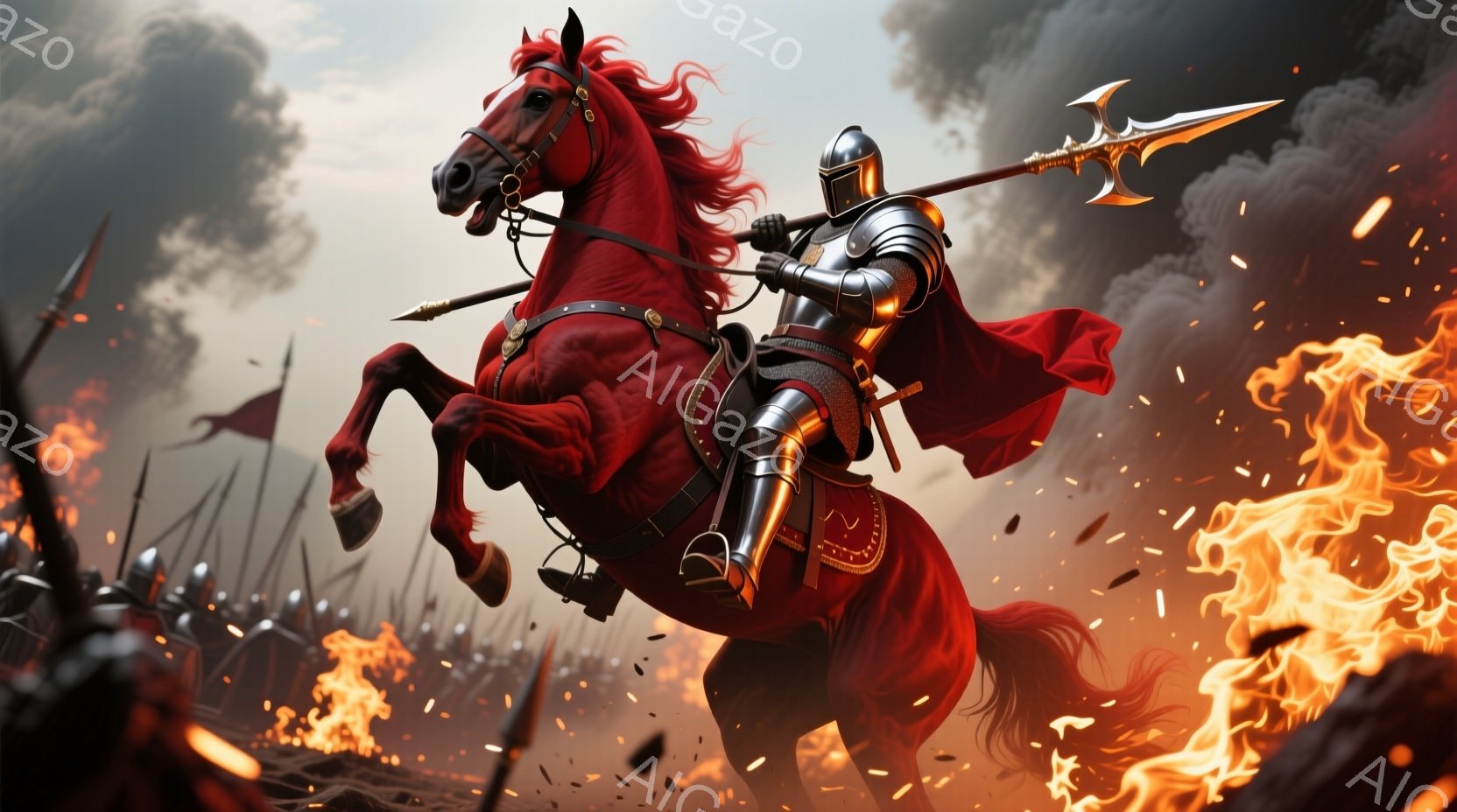 赤い馬に乗った騎士が、激しい戦場を駆け抜けている。騎士は全身を銀色の鎧で覆い、赤いマントを背に、槍を高く掲げている。背景には炎に包まれた戦場と、多数の兵士たちが密集しており、激しい戦闘の様子が伺える。