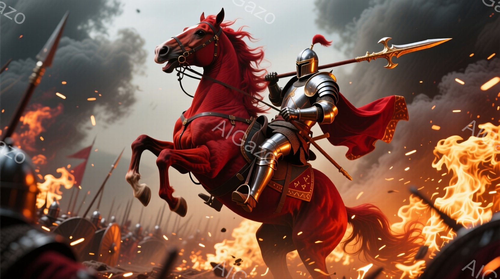 鮮やかな赤色の馬に乗った騎士が、激しい戦闘の中心にいる。騎士は全身を銀色の甲冑で覆い、赤いマントを羽織り、槍を構えている。背景には炎が立ち込め、他の兵士たちも戦っている様子が見え、全体的に激しく、混沌 - AI生成フリー素材
