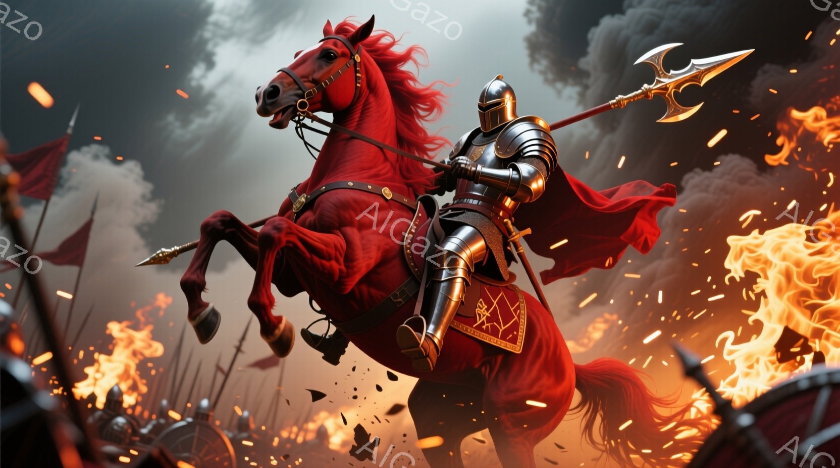 赤い馬に乗った騎士が、戦場を駆け抜けている。全身を銀色の鎧で覆い、頭には兜を被っており、表情は伺えないが、力強い姿勢から、勇敢な戦士であることがわかる。背景には炎が燃え上がり、他の兵士たちが戦っている様子がぼやけて描かれており、激しい戦いの最中であることが伝わってくる。