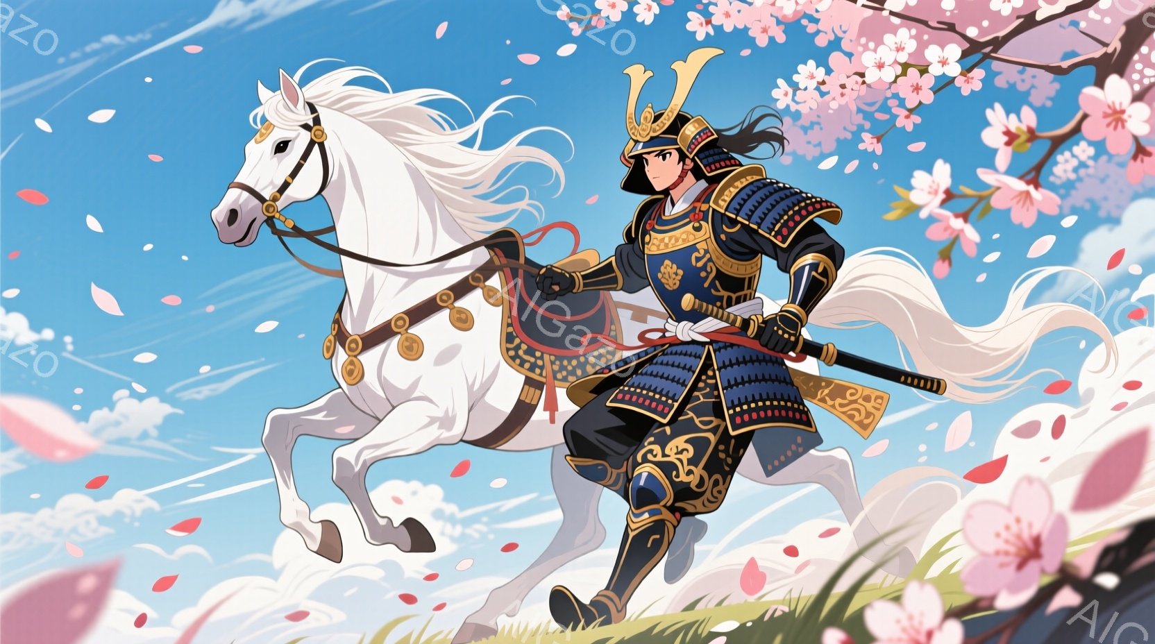 白い馬に乗った武士が描かれています。武士は黒と金色の鎧を身につけ、赤い紐で飾られています。背景には桜の花びらが舞い、青空と緑の丘が広がり、春の暖かく穏やかな雰囲気を醸し出しています。