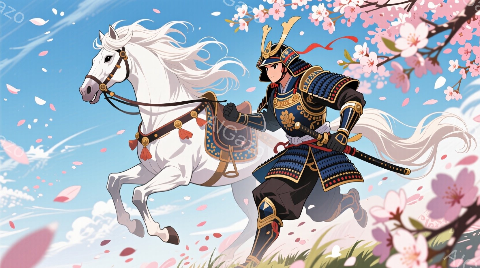 白い馬に乗った武士が描かれており、黒色の甲冑を身につけ、赤い紐で結んだ兜をかぶっています。武士は馬にまたがり、前進している様子で、凛々しい表情をしています。背景には、桜の花びらが舞い散り、草が生い茂る大地が広がっており、晴天の空が広がっています。