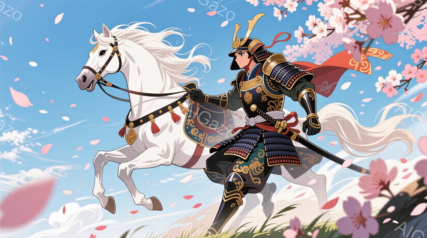 白い馬に乗った武士が描かれており、華やかな陣羽織を身につけている。彼の表情は決意に満ちており、右手に持つ刀は力強く、疾走する馬の勢いと相まって、勇ましい雰囲気を醸し出している。背景には桜の花びらが舞い散り、空は晴れやかで、春の野を駆け抜ける武士の姿が印象的である。