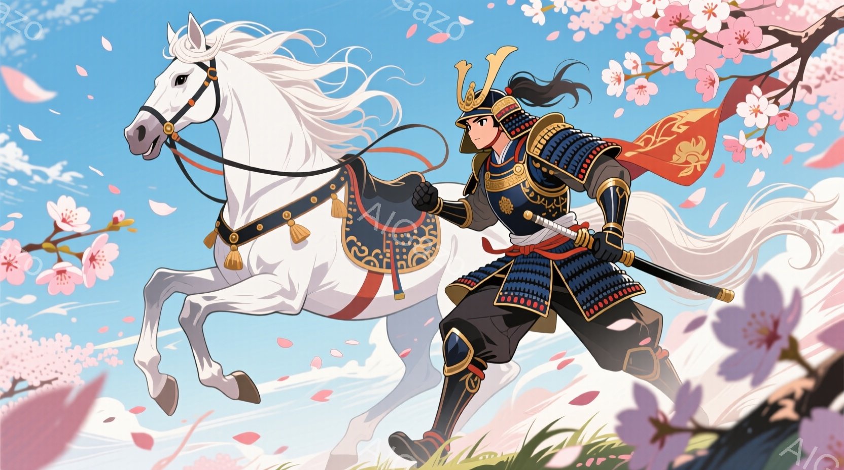 鮮やかな春の背景を駆ける武士が描かれています。彼は黒と青の鎧を身につけ、赤い紐で締められた袴を履いています。桜の花びらが舞い散る中、凛々しい表情で馬に乗り、力強い疾走を見せています。 - AI生成フリー素材