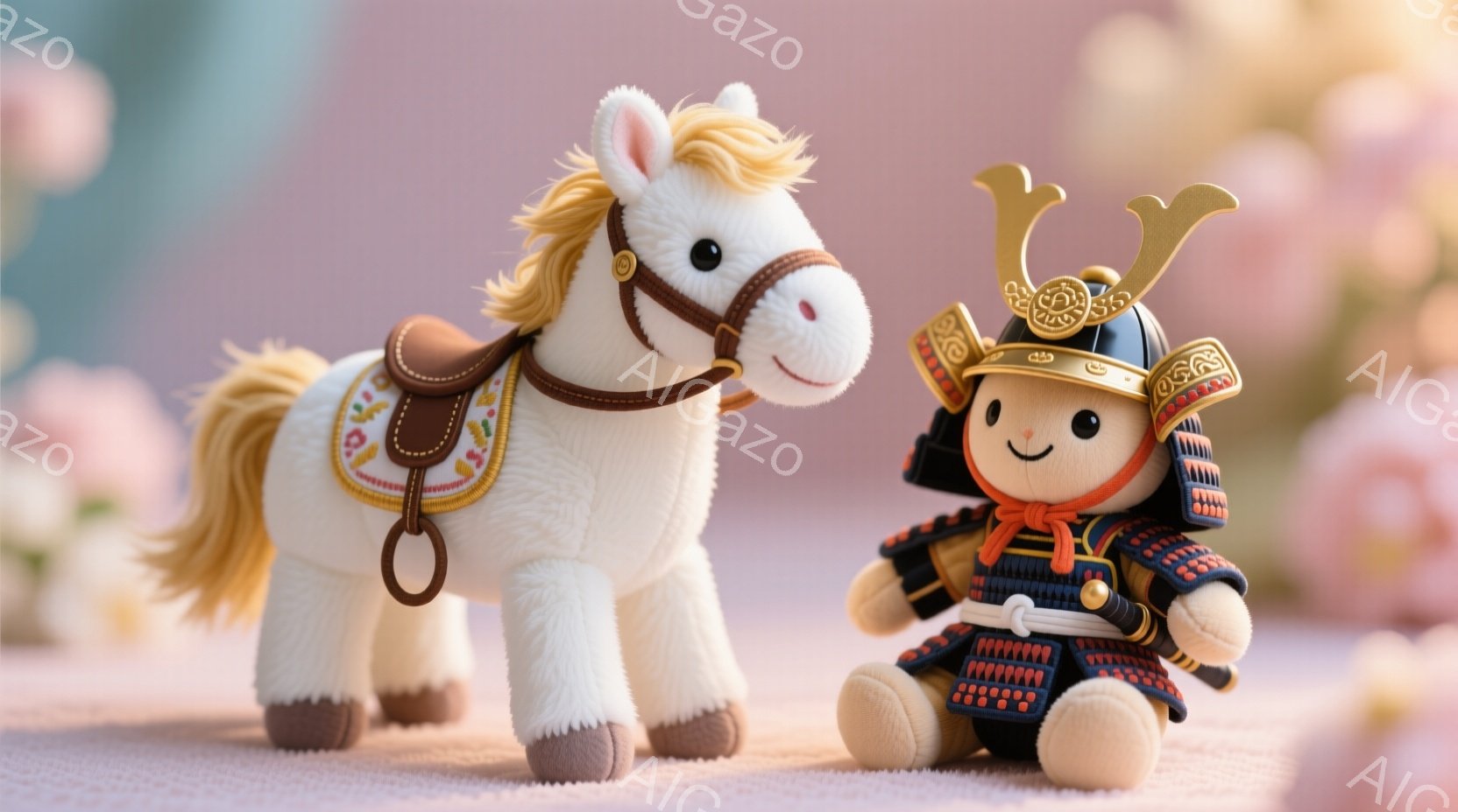 白い毛並みの可愛らしいぬいぐるみ馬と、兜を被った武者人形が並んで立っています。武者人形は赤い鎧を身につけ、真剣な表情で座っており、背景にはぼやけたピンク色の花々が咲き誇っています。全体的に暖かく、優しい雰囲気が漂い、子供向けのイベントや行事を連想させます。