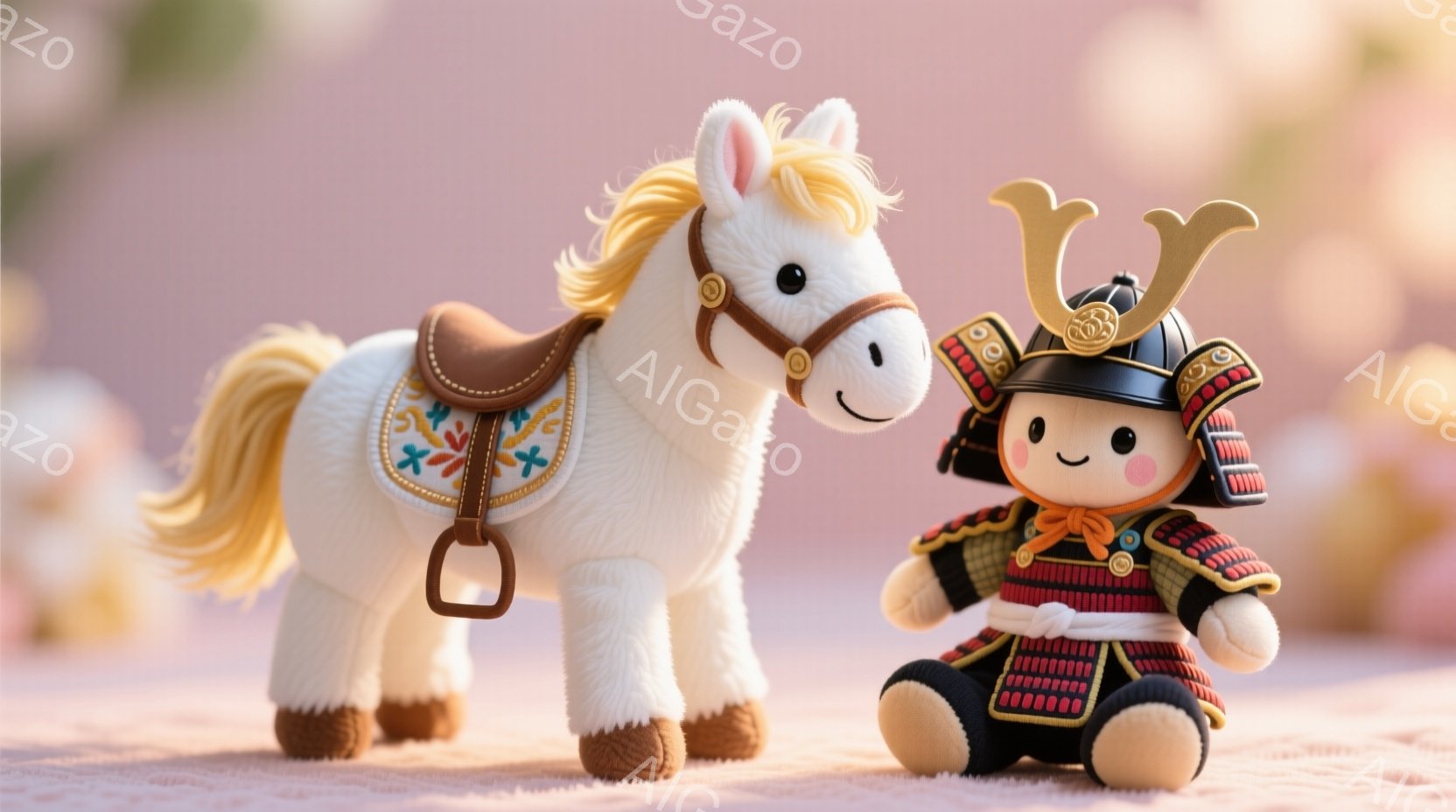 白い毛並みのぬいぐるみ馬と、赤い鎧をまとった武者人形が並んで立っています。馬は金色のたてがみと尾を持ち、鞍を背負っています。背景はぼやけたピンク色で、全体的に温かく、お祝いのような雰囲気です。 - AI生成フリー素材