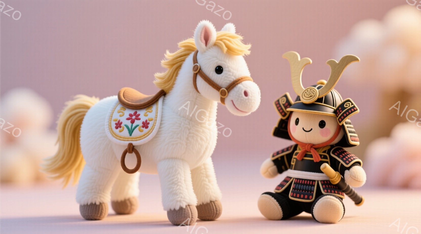 白い毛並みの可愛い馬のぬいぐるみと、侍の鎧を身につけたクマのぬいぐるみが並んでいます。クマは黒い着物と金色の鎧を着用し、凛々しい表情をしています。背景はぼやけたピンク色で、全体的に柔らかく、温かい雰囲 - AI生成フリー素材