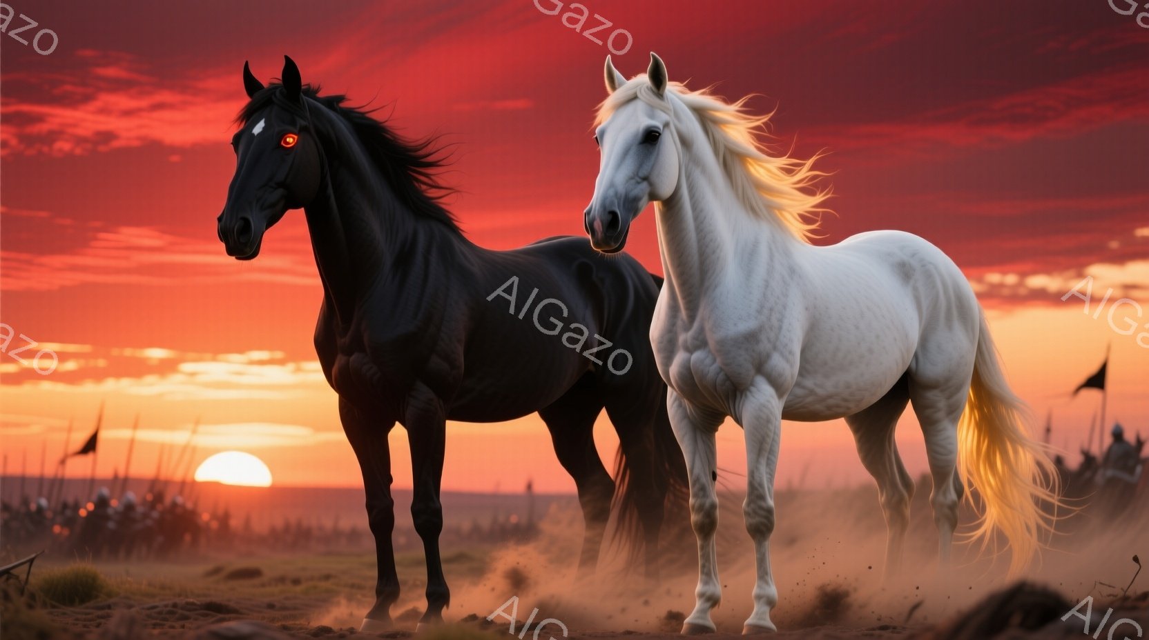 黒と白の二頭の馬が、夕焼けの草原を疾走している。馬たちは埃を巻き上げ、力強く前進しており、背景にはぼんやりと兵士たちの集団と旗が見える。燃えるような夕焼け空と、馬たちの対照的な毛色は、力強く、ドラマチックな雰囲気を醸し出している。