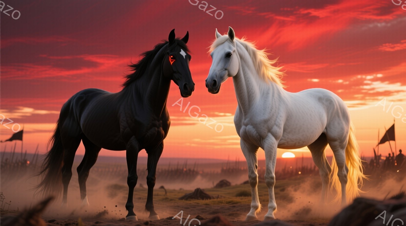 黒馬と白馬が、夕焼けに染まる荒野で対峙している。両馬とも力強く立ち、互いの目を凝視し、緊迫した雰囲気を醸し出している。背景には、ぼんやりとした兵士の影と、赤とオレンジのグラデーションが広がる空が広がり - AI生成フリー素材