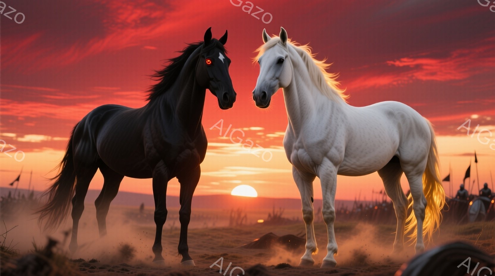 黒と白の二頭の馬が、夕焼けに照らされた砂漠のような平原で対峙している。黒馬は燃えるような赤い目を持ち、白馬は堂々とした姿で、背景にはぼんやりとした軍隊の影と夕焼けが広がっている。全体的に力強く、緊張感のある、壮大な雰囲気を感じさせる。