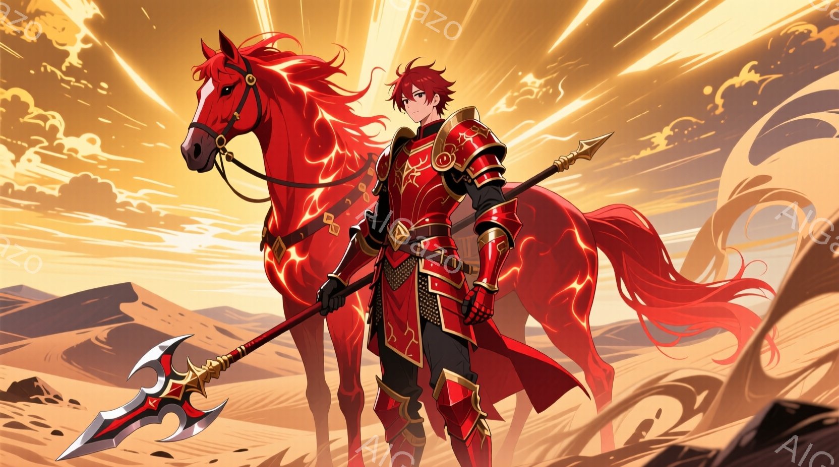 深紅の甲冑を身につけた青年が、燃えるような鬣を持つ赤い馬に跨っている。青年は、金色の装飾が施された長柄の武器を肩に担ぎ、凛々しい表情で前方を見据えている。背景は砂漠のような荒野で、夕焼けのような暖色系の光が全体を包み込み、力強く、躍動感のある雰囲気を醸し出している。