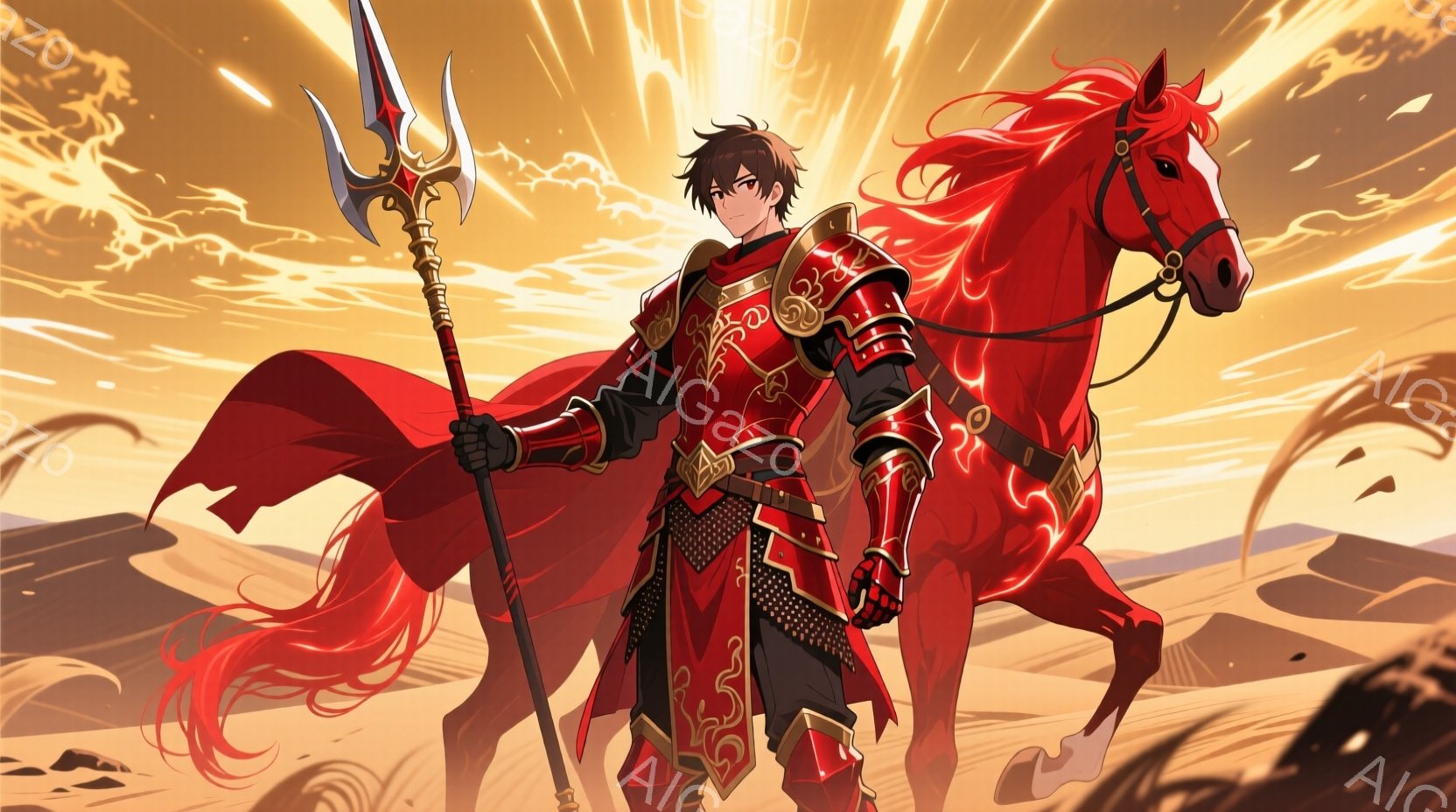 燃えるような赤毛の馬に乗った騎士が描かれている。騎士は金と赤を基調とした装飾的な鎧を身に着け、手には槍を持っている。背景はオレンジ色の夕焼けのような光が差し込む砂漠で、力強く、英雄的な雰囲気を醸し出し - AI生成フリー素材