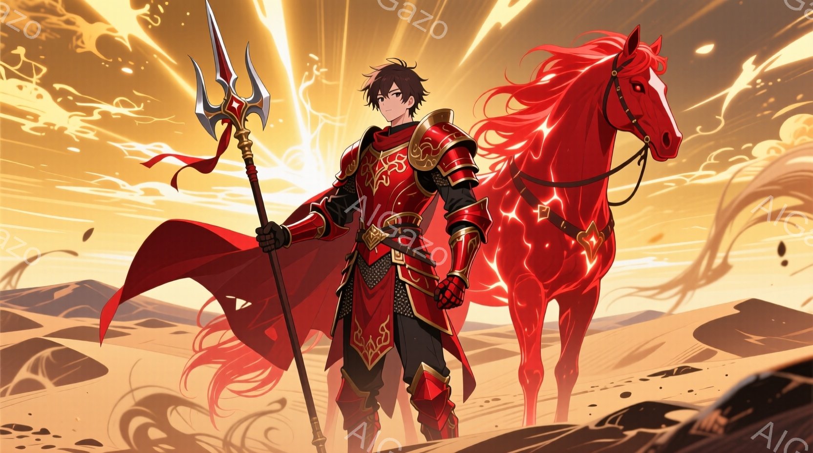燃えるような夕焼けを背景に、赤い鎧を身につけた青年と、炎のように赤い馬が描かれている。青年は黒髪で、真剣な表情で槍を構え、力強い姿勢で立っている。背景には荒涼とした大地が広がり、ドラマチックで英雄的な雰囲気を醸し出している。