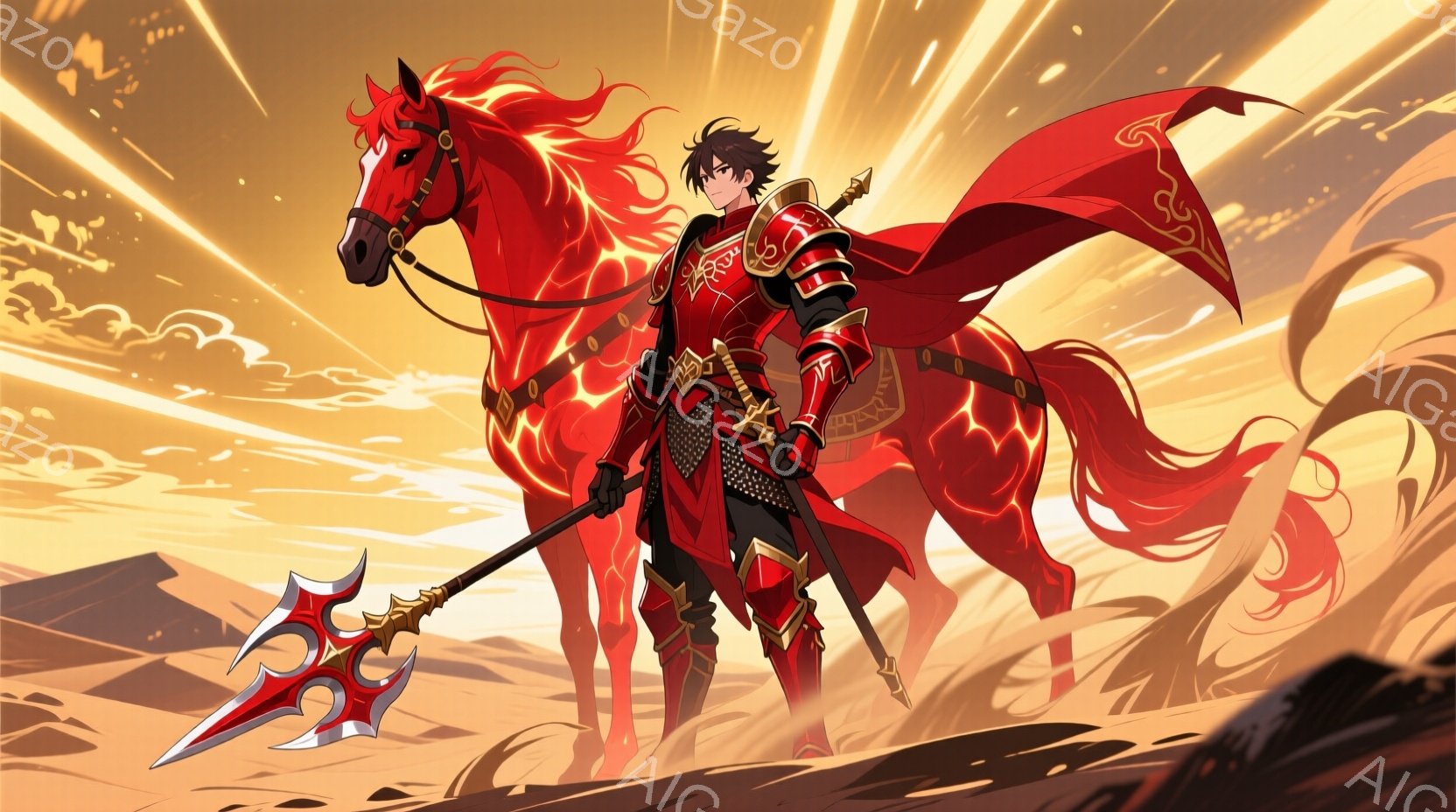 鮮やかな赤色の鎧を身につけた男性が、炎のような模様の馬に騎乗している。彼は黒髪で、自信に満ちた表情を浮かべ、赤い外套が風になびいている。背景は砂漠のような荒野で、太陽光が強く照らし、馬と騎士を中心に光 - AI生成フリー素材