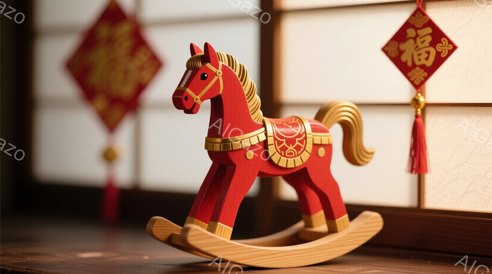 赤い木製のロッキングホースが床の上に置かれています。金色の鞍と飾り付けが施されており、暖色系の木目が温かみを添えています。背景には和風の障子と赤い飾りが見え、お祝いの雰囲気を醸し出しています。