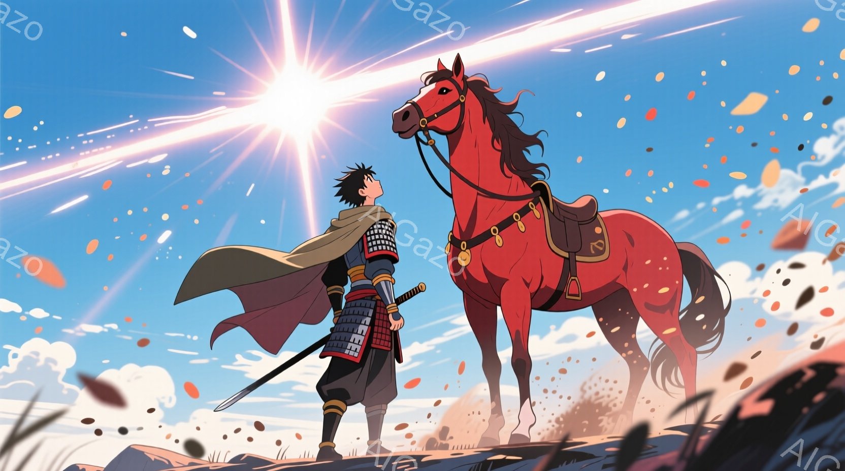 少年は時代劇風の衣装を身につけ、黒色の兜と赤い装飾が付いた鎧を着用し、紫色の肩掛けをしています。彼は腰に刀を佩び、後ろ足に立つ赤毛の馬を見上げています。背景には青空が広がり、太陽の光が強く差し込み、舞い散る花びらが幻想的な雰囲気を醸し出しています。