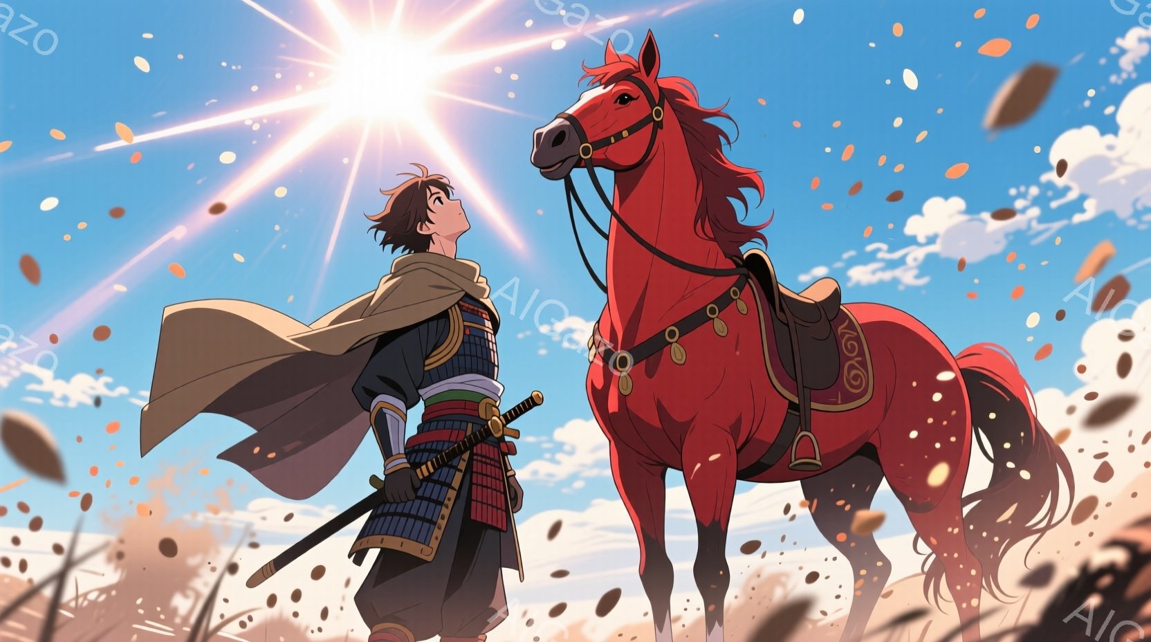 少年は日本の伝統的な鎧を身につけ、腰には刀を帯びています。彼は少し上目遣いで、どこか決意に満ちた表情をしています。背景には、赤毛の馬が立っており、強い日差しが降り注ぎ、周囲には舞い散る花びらが確認できます。